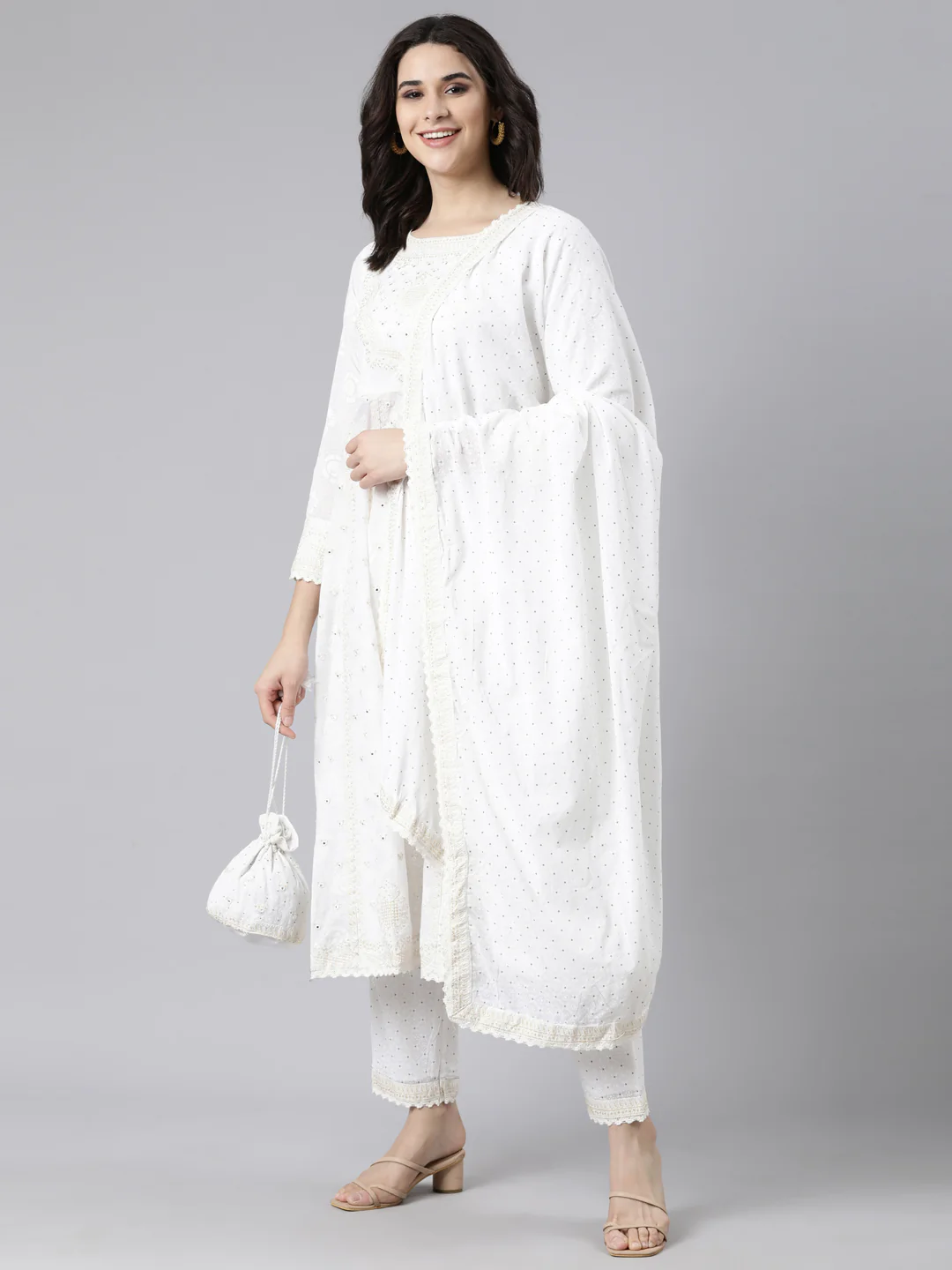 Neerus Off White Regular Straight Floral Kurta And Trousers With Dupatta - Image 5