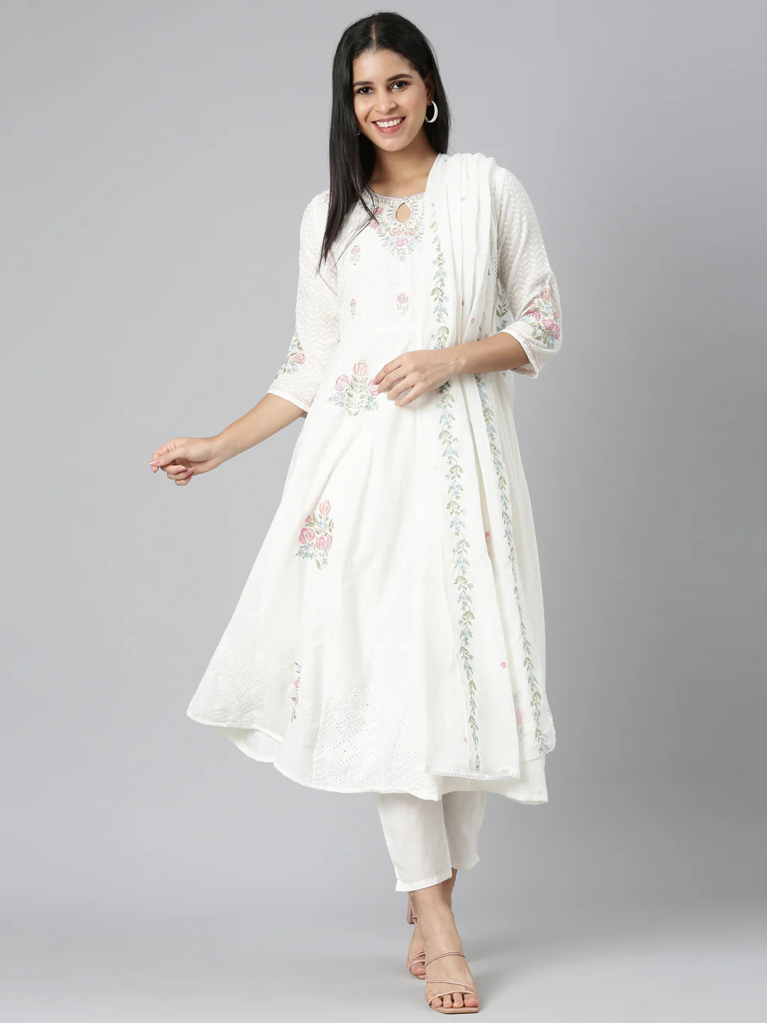 Neerus Off White Regular Straight Solid Kurta and Trousers With Dupatta - Image 5