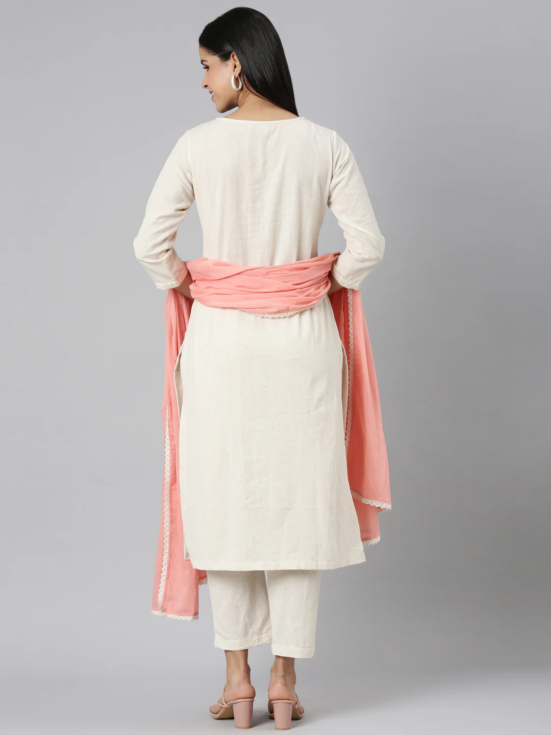 Neerus Off White Regular Straight Solid Kurta and Trousers With Dupatta - Image 3