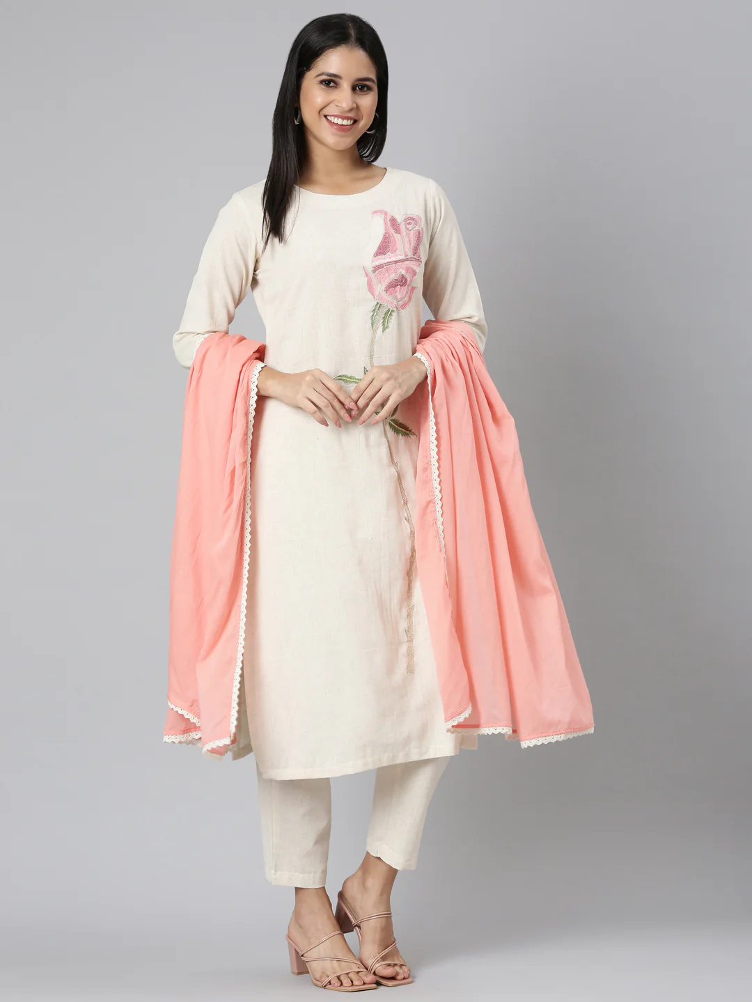 Neerus Off White Regular Straight Solid Kurta and Trousers With Dupatta - Image 5