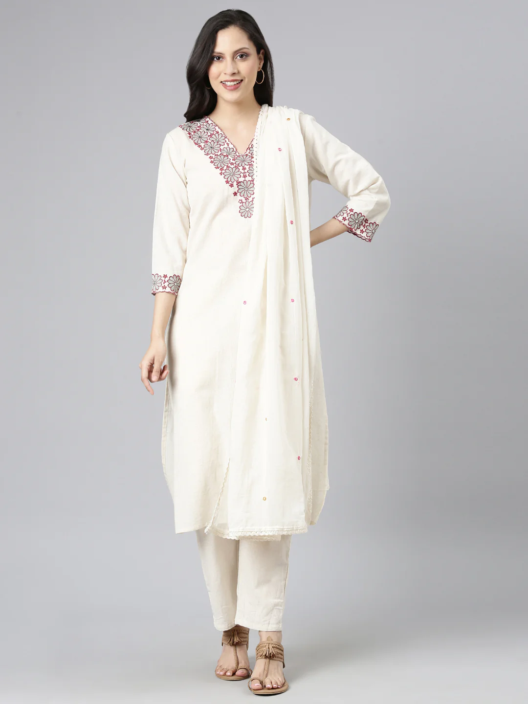 Neerus Off White Solid Straight Kurta and Trousers With Dupatta