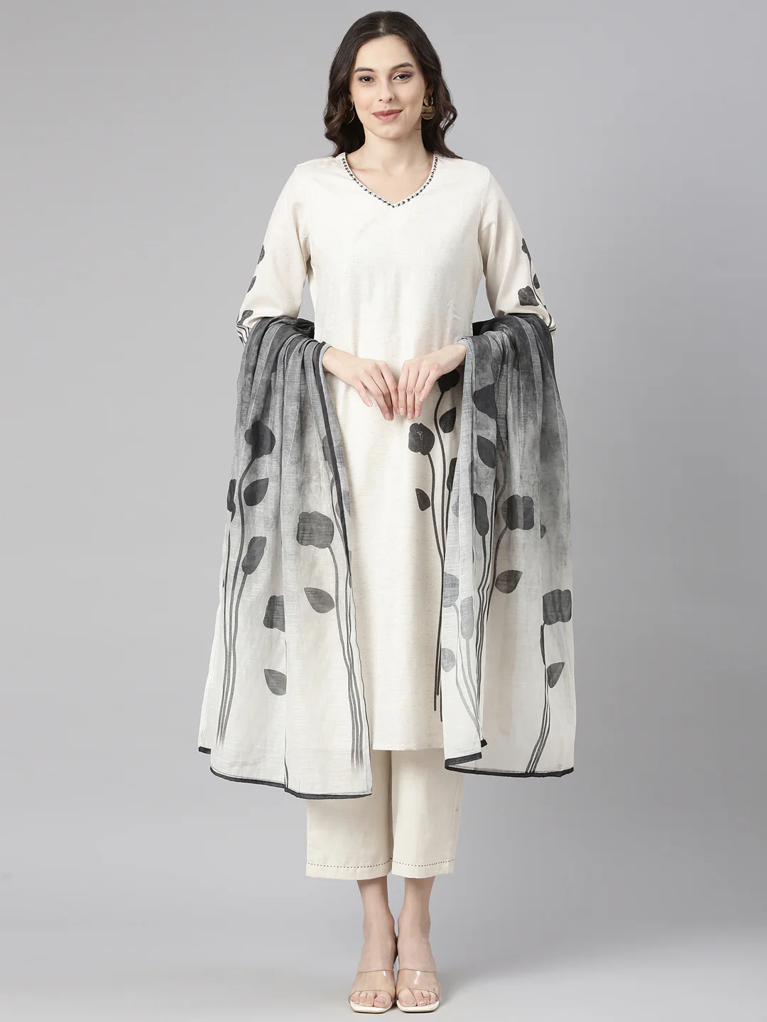 Neerus Off White Solid Straight Kurta and Trousers With Dupatta