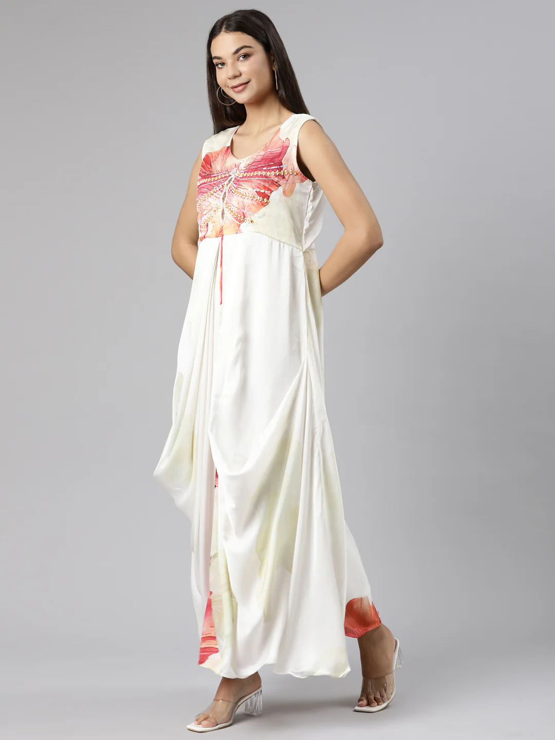 Neerus Off White Straight Casual Floral Dresses - Image 2
