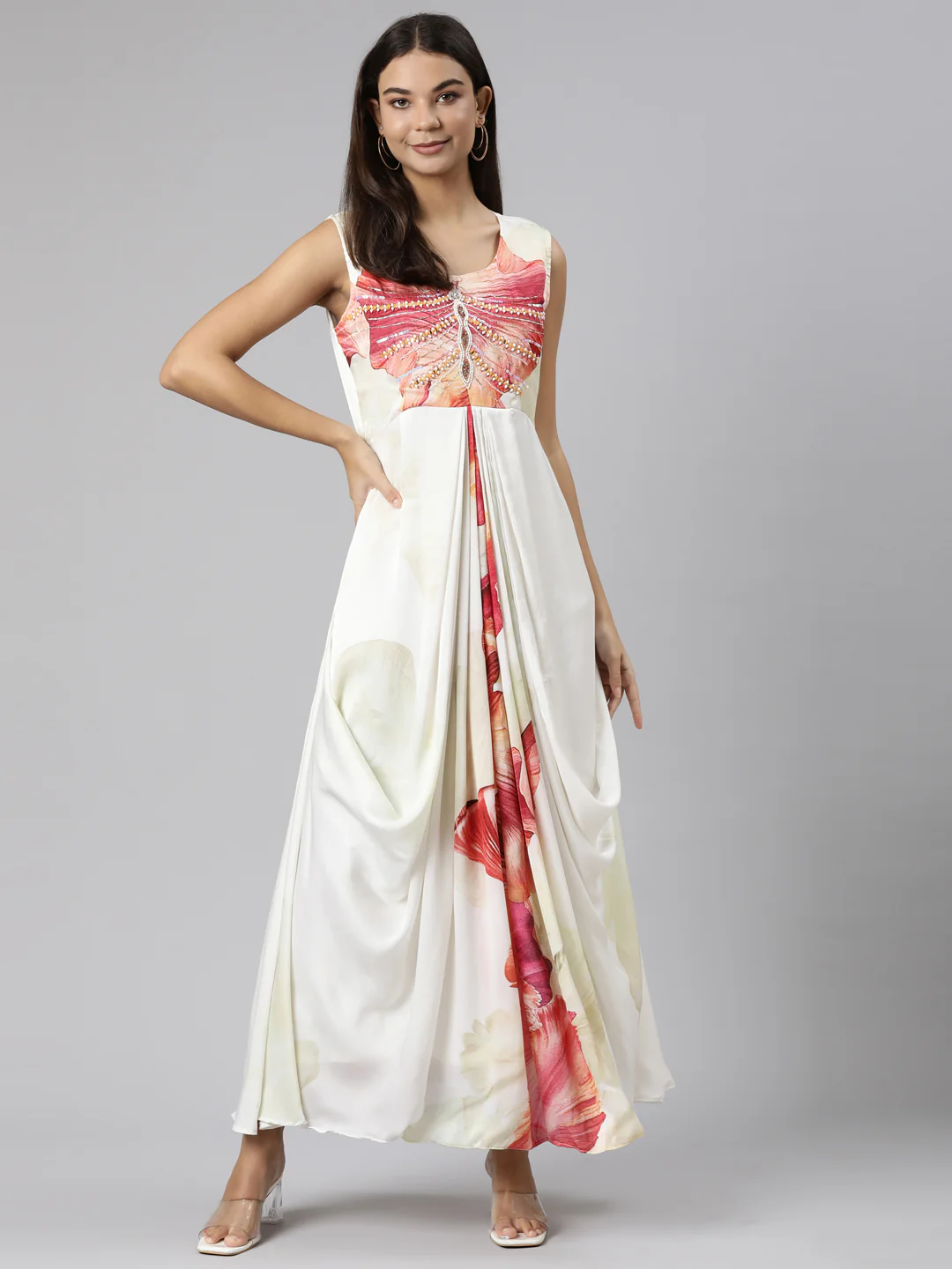 Neerus Off White Straight Casual Floral Dresses - Image 5