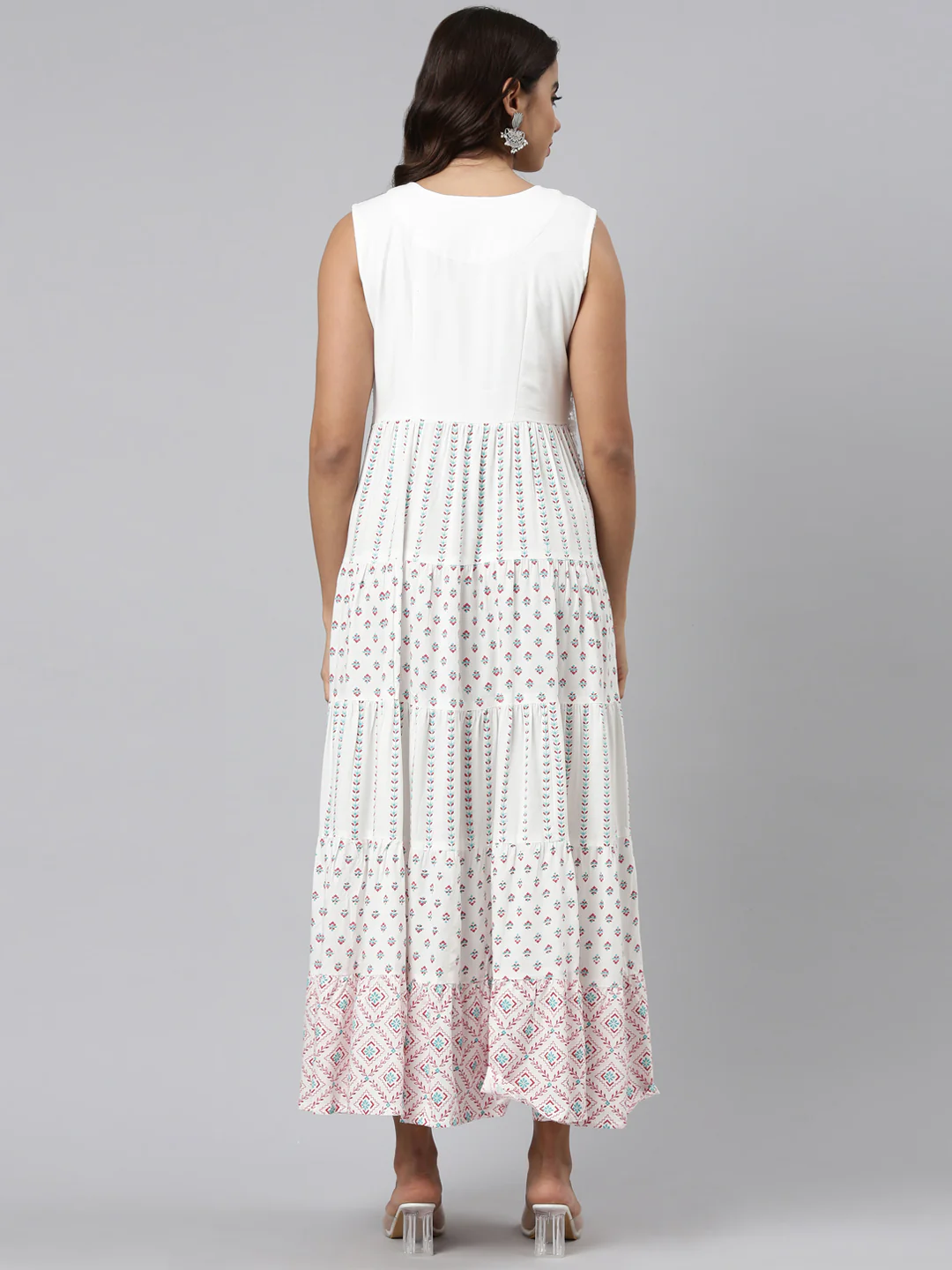 Neerus Off White Straight Casual Printed Maxi Dresses - Image 3