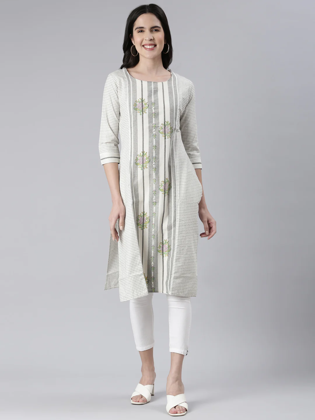 Neerus Off White Straight Printed Cotton Kurta