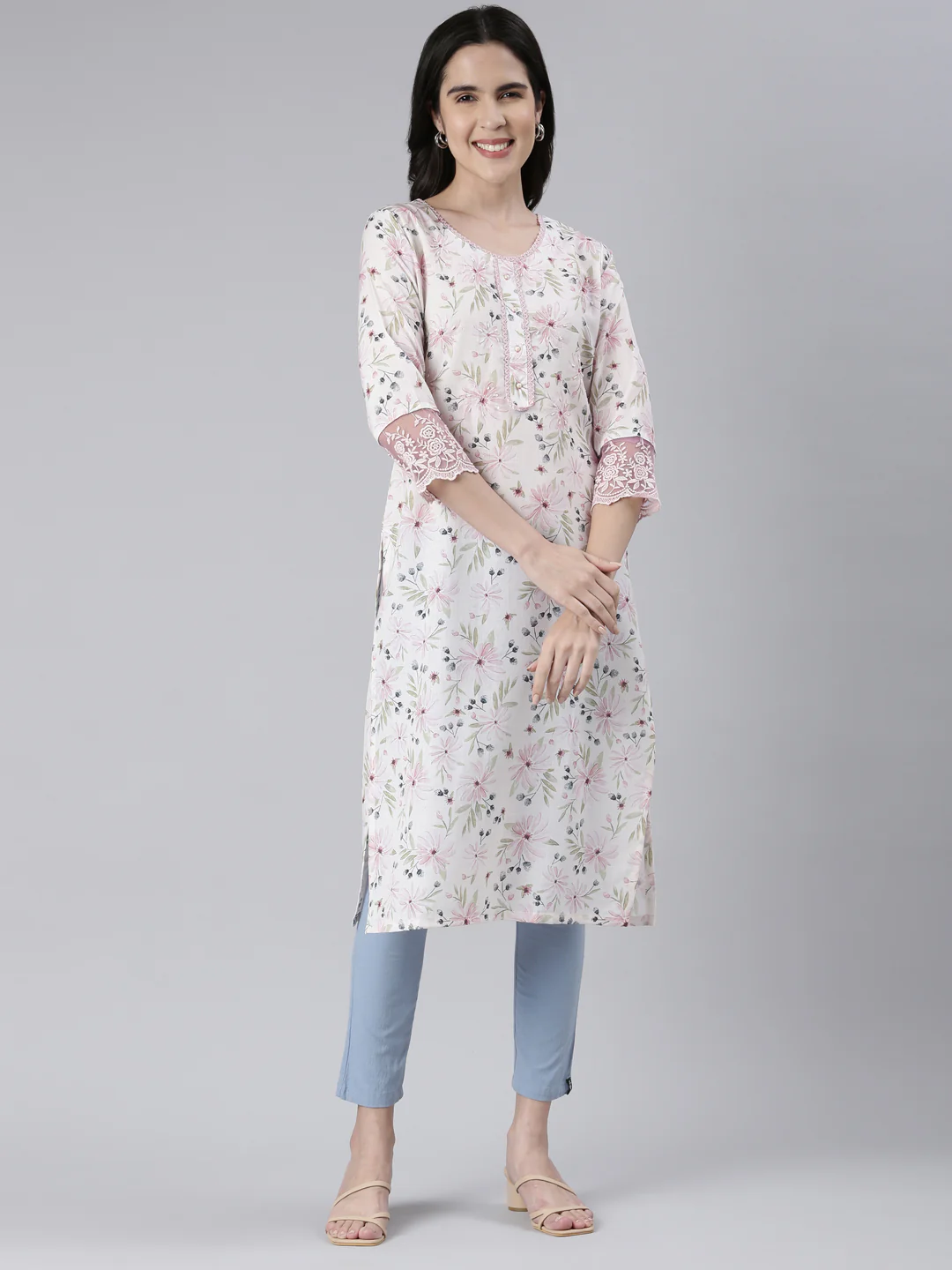 Neerus Off White Straight Printed Cotton Kurta