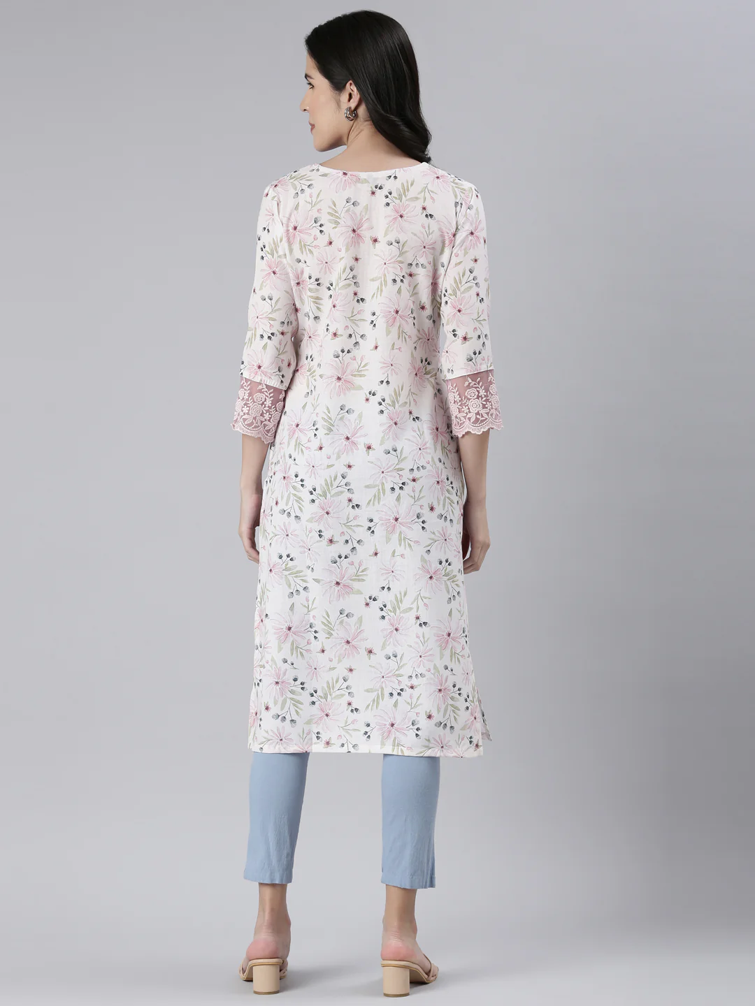 Neerus Off White Straight Printed Cotton Kurta - Image 3