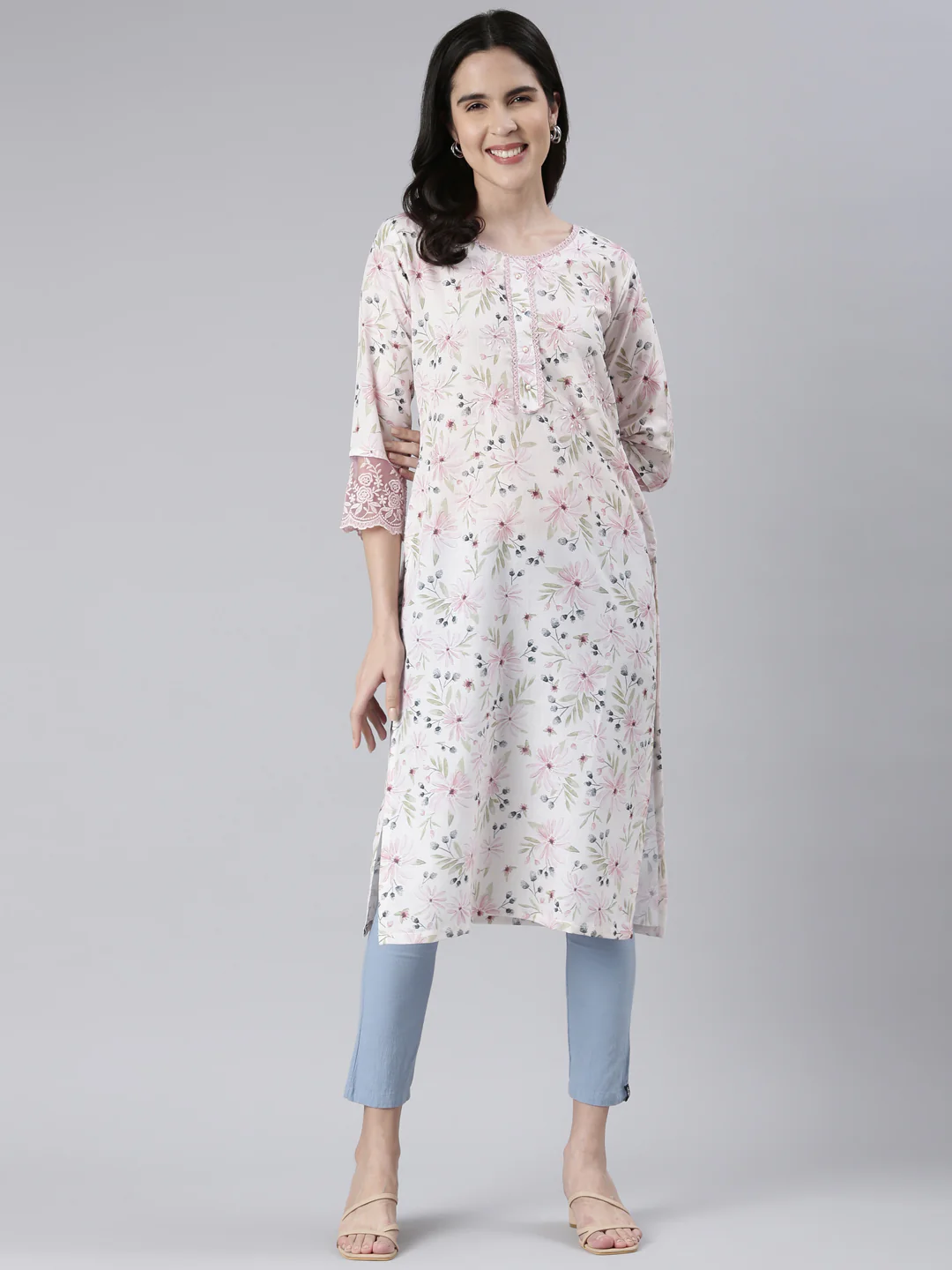 Neerus Off White Straight Printed Cotton Kurta - Image 5