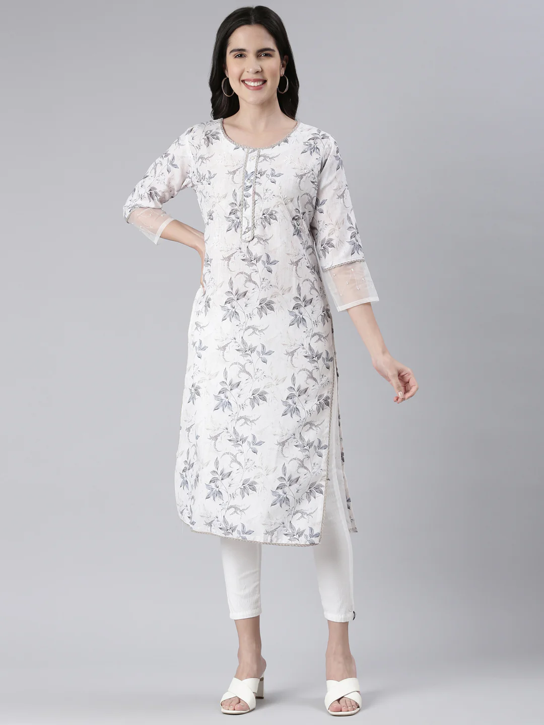Neerus Off White Straight Printed Cotton Kurta