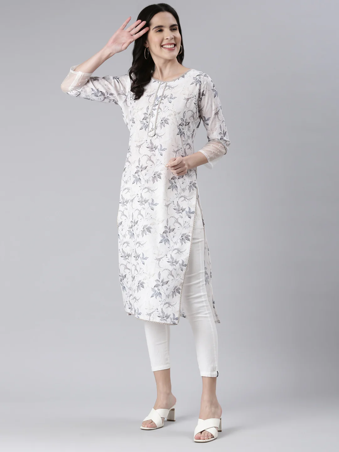 Neerus Off White Straight Printed Cotton Kurta - Image 5