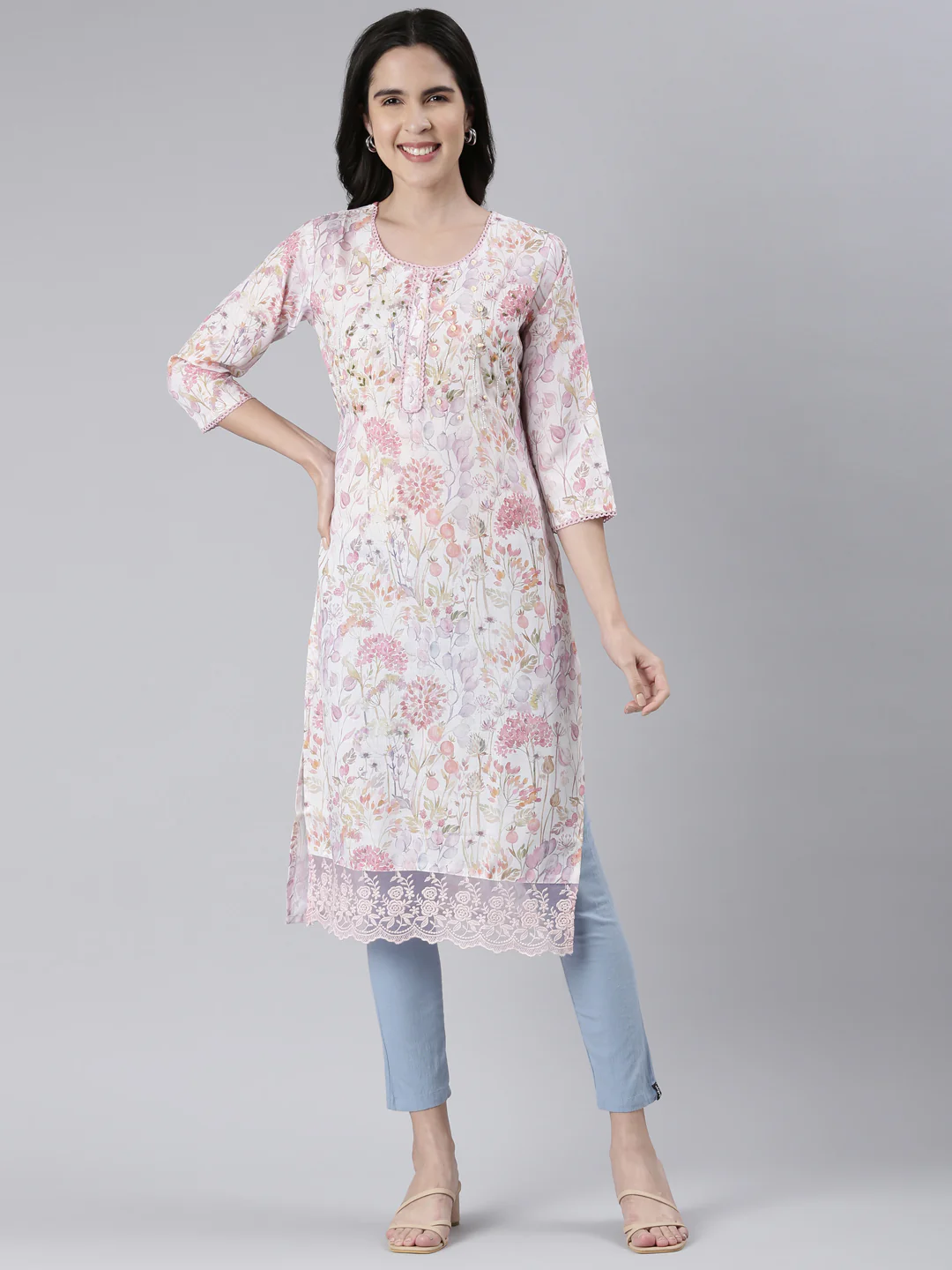 Neerus Off White Straight Printed Cotton Kurta