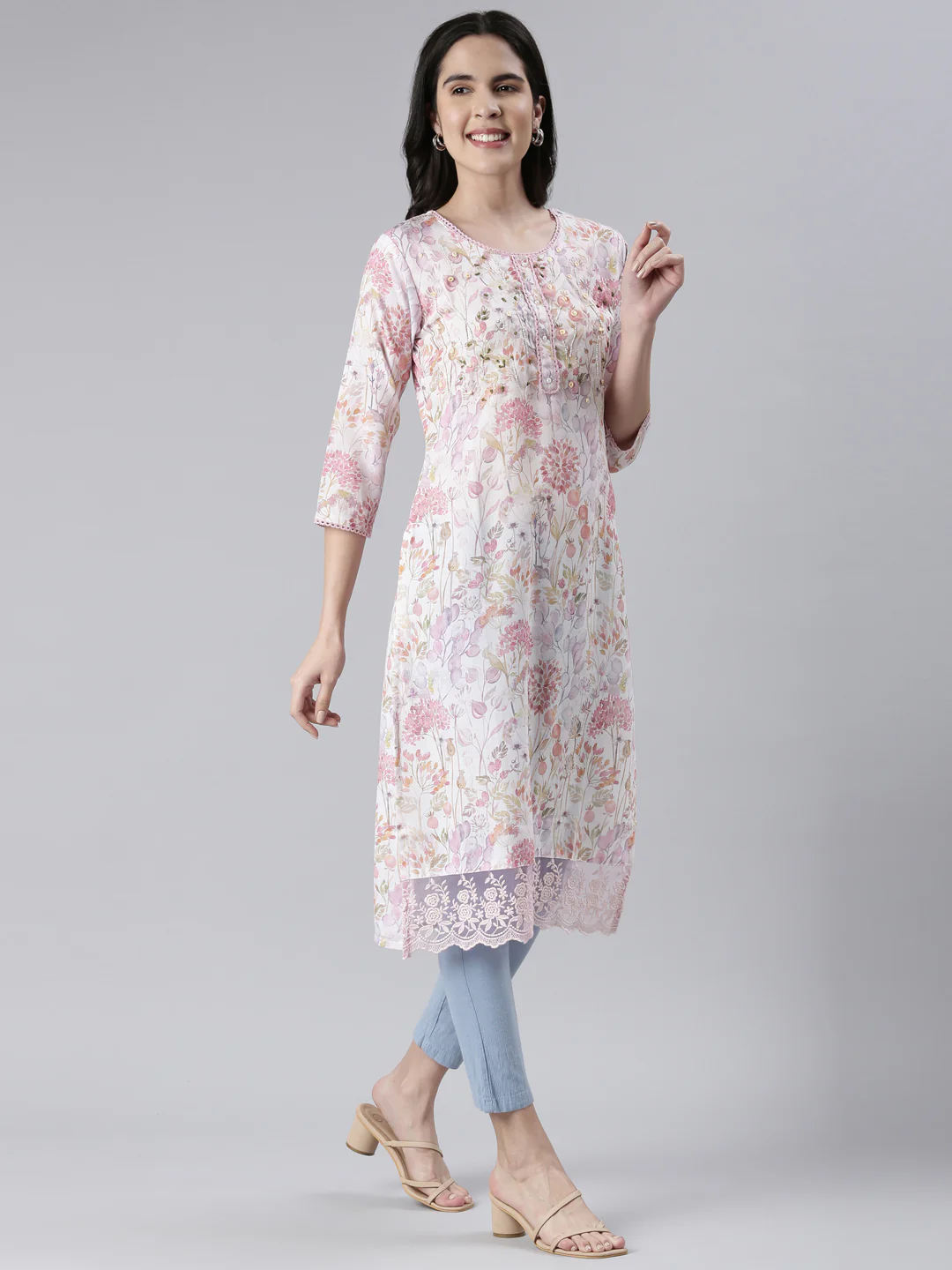 Neerus Off White Straight Printed Cotton Kurta - Image 2