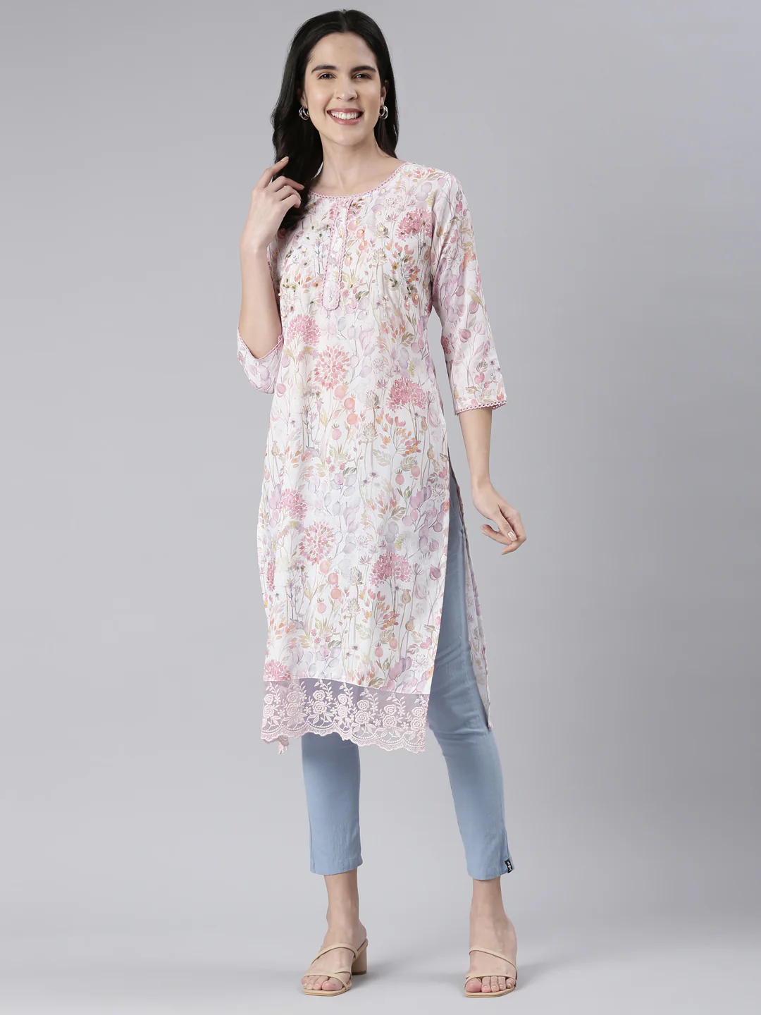Neerus Off White Straight Printed Cotton Kurta - Image 5