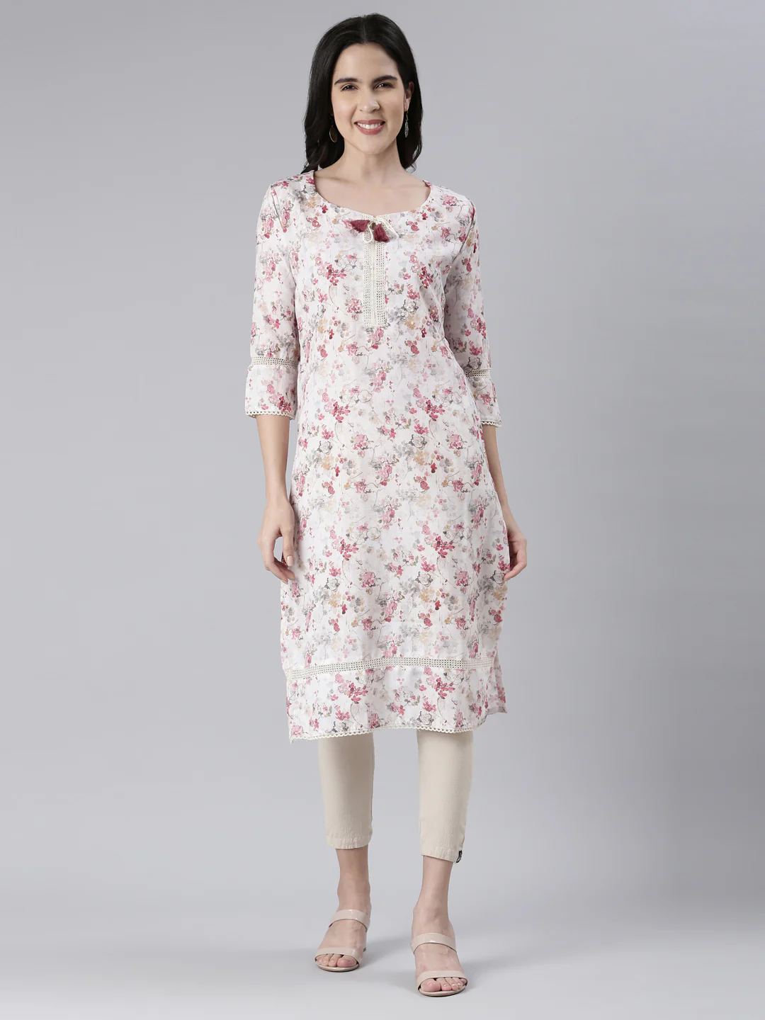 Neerus Off White Straight Printed Cotton Kurta