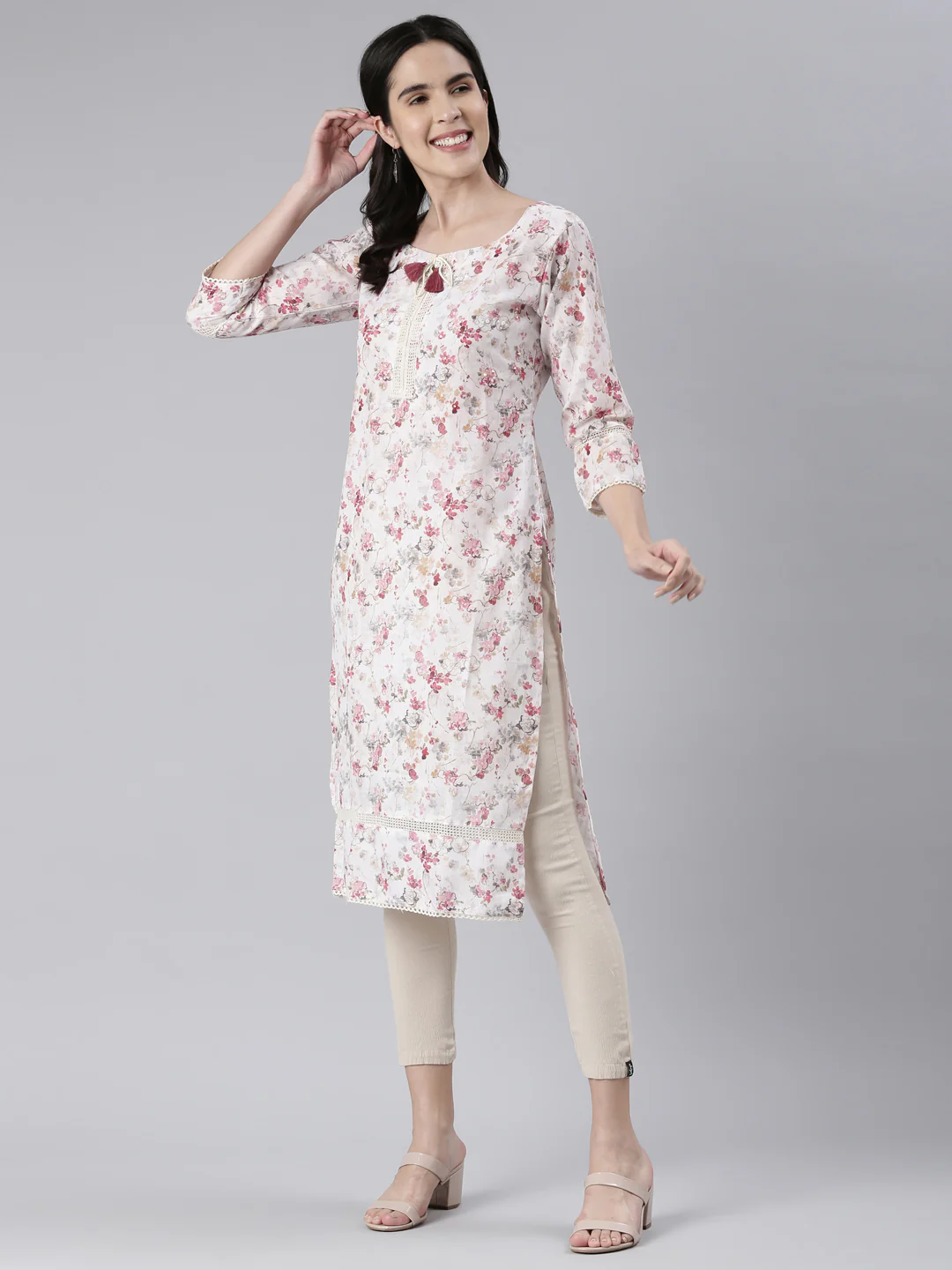 Neerus Off White Straight Printed Cotton Kurta - Image 5