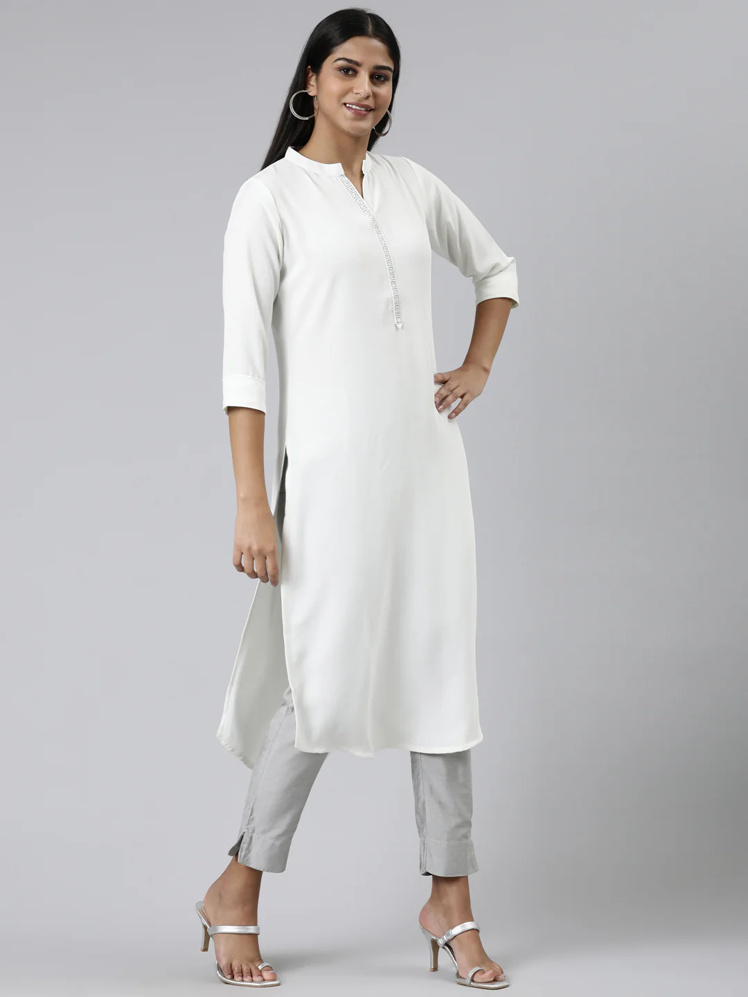 Neerus Off White Straight Solid Viscose Rayon Kurta - Image 2