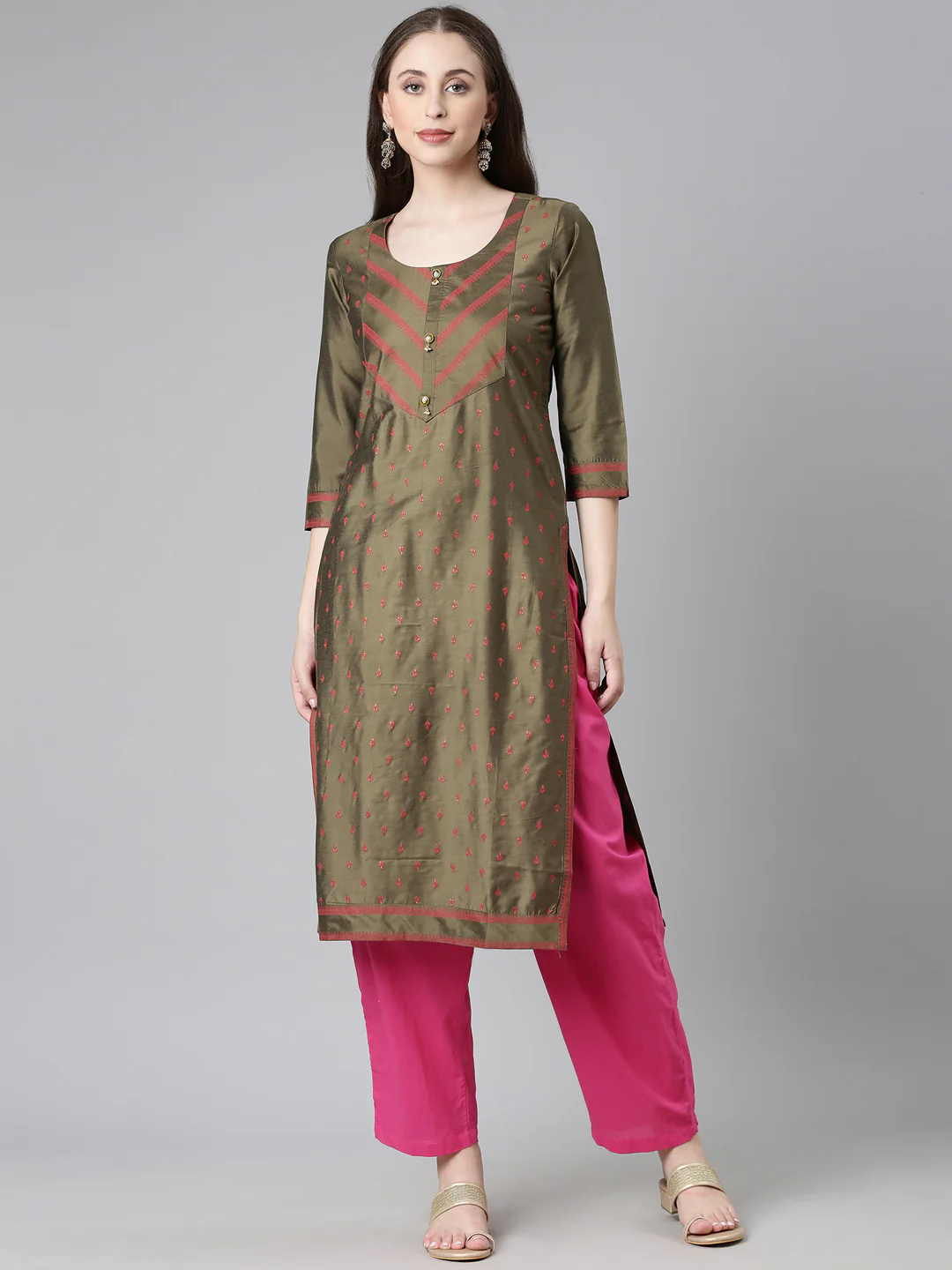 Neerus Olive Casual Solid Straight Kurta