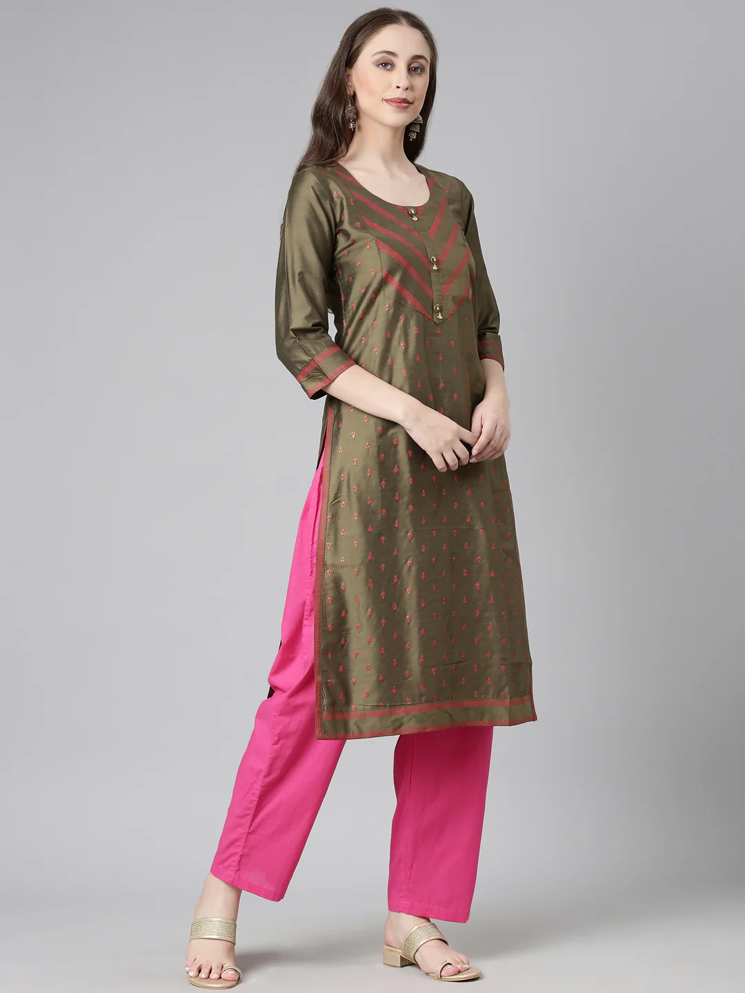 Neerus Olive Casual Solid Straight Kurta - Image 2