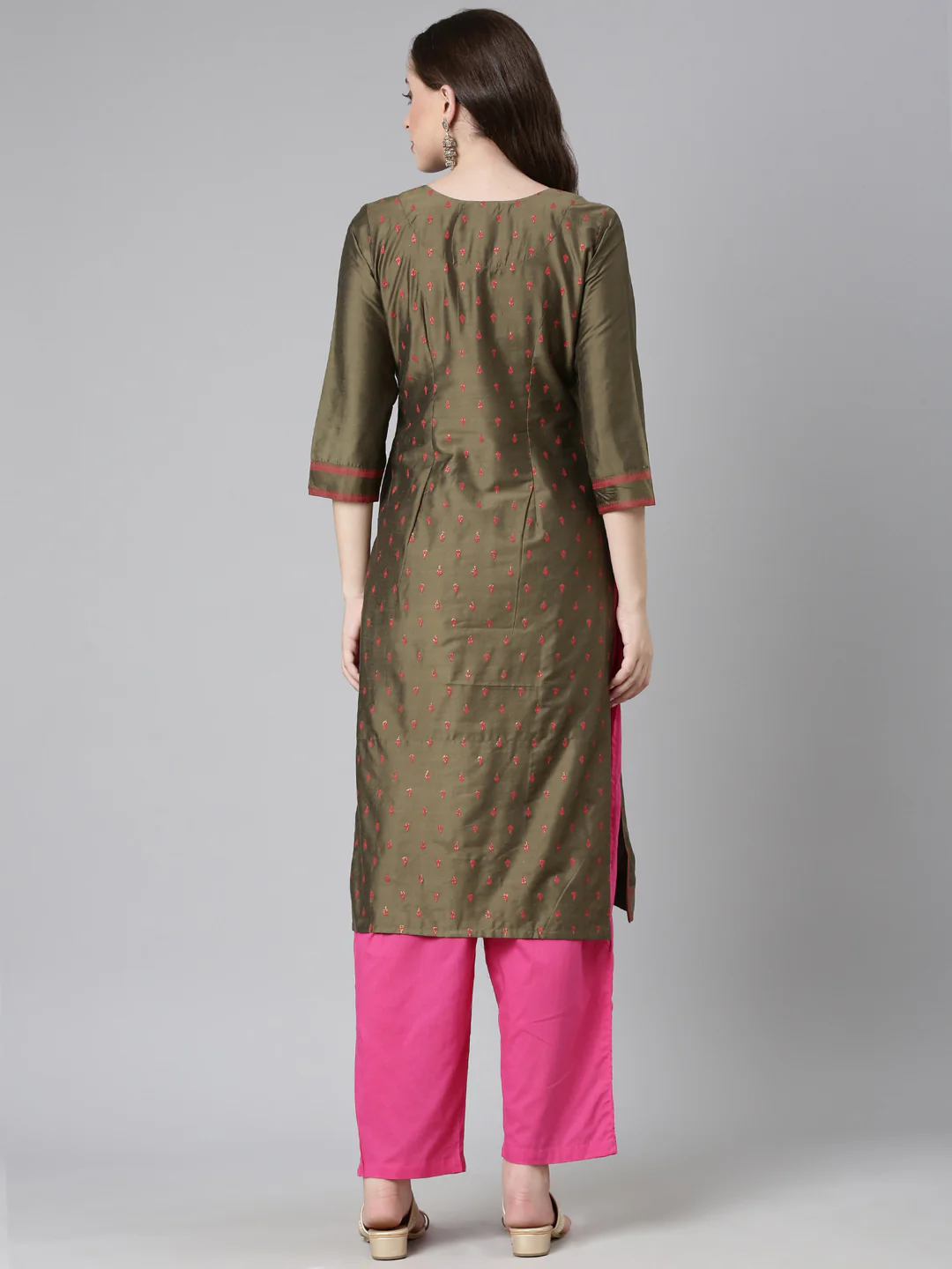Neerus Olive Casual Solid Straight Kurta - Image 3