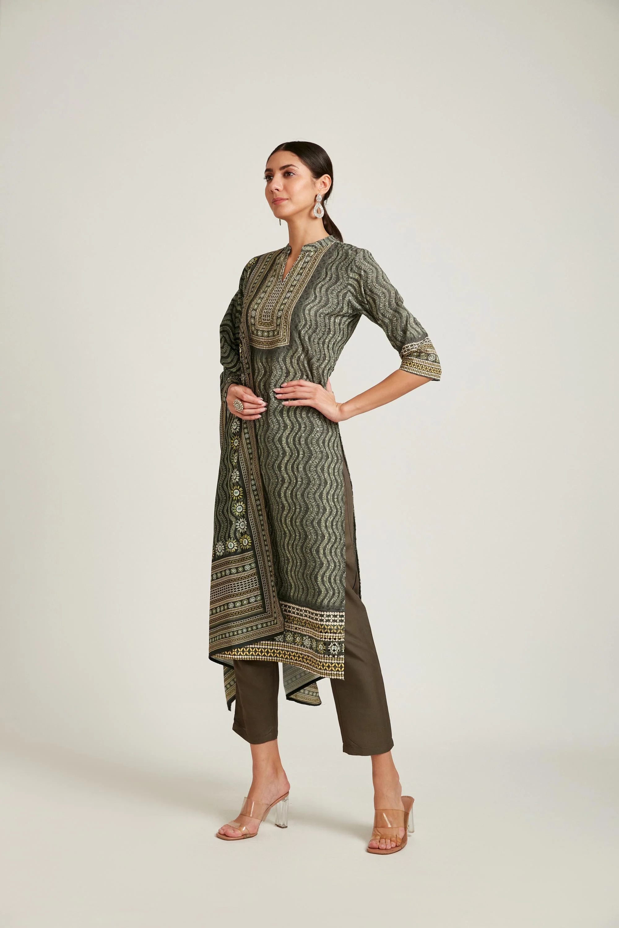 Neerus Olive Color Chiken Fabric Kurta Set