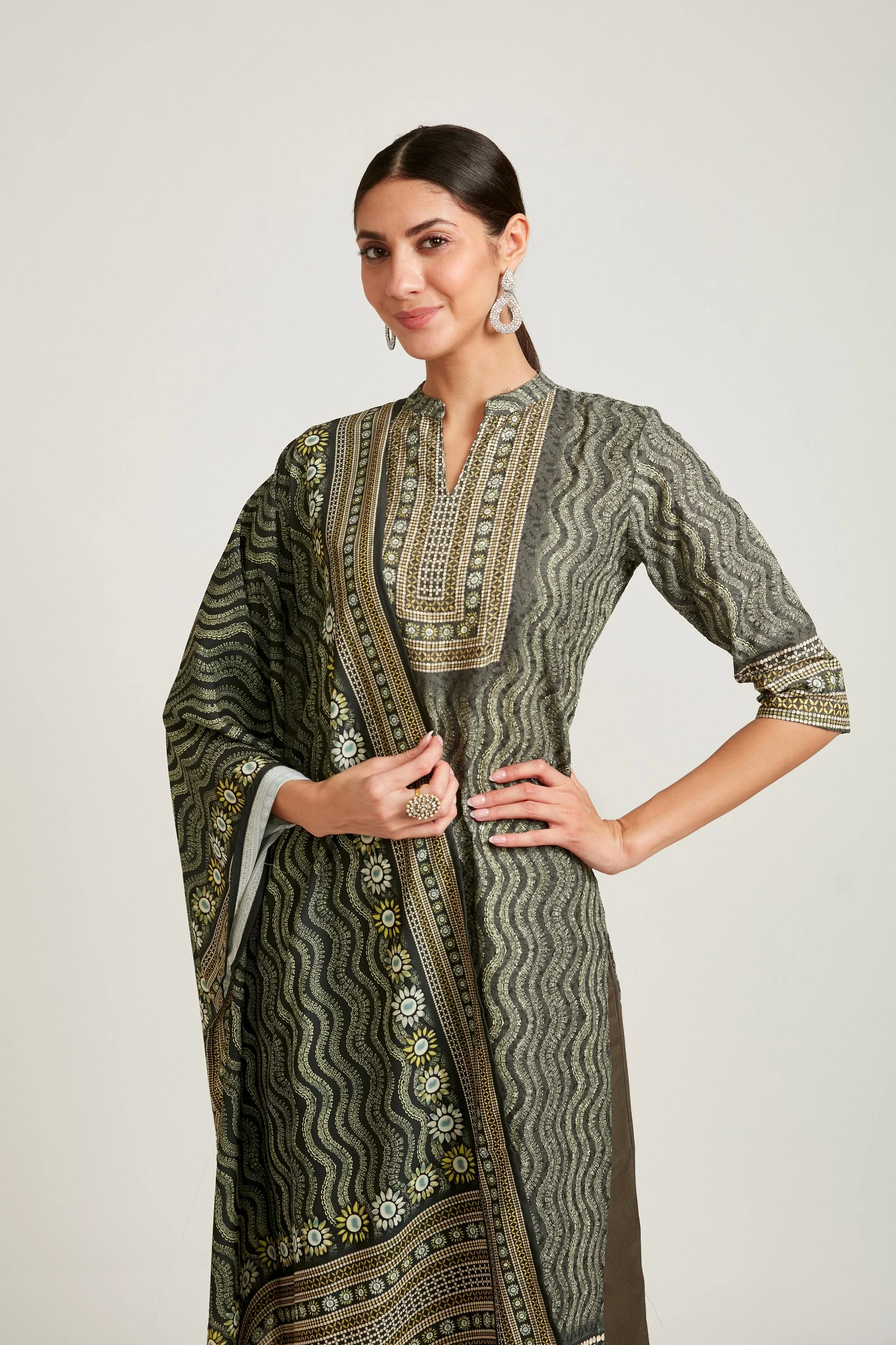 Neerus Olive Color Chiken Fabric Kurta Set - Image 2