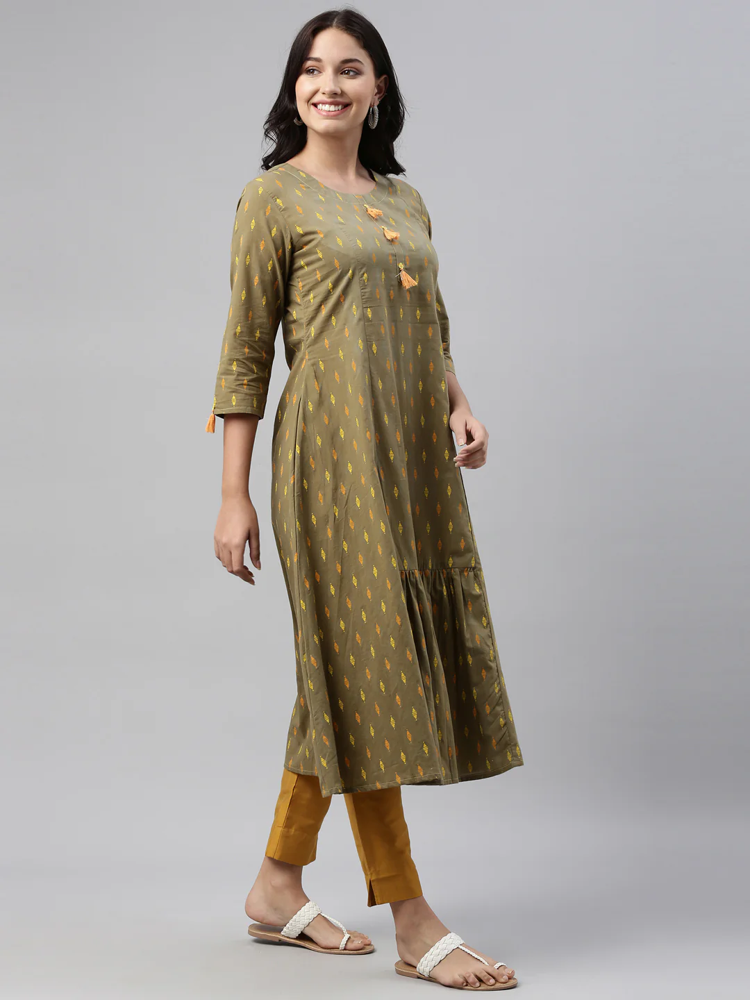 Neerus Olive Color Cotton Print Fabric Tunic - Image 3