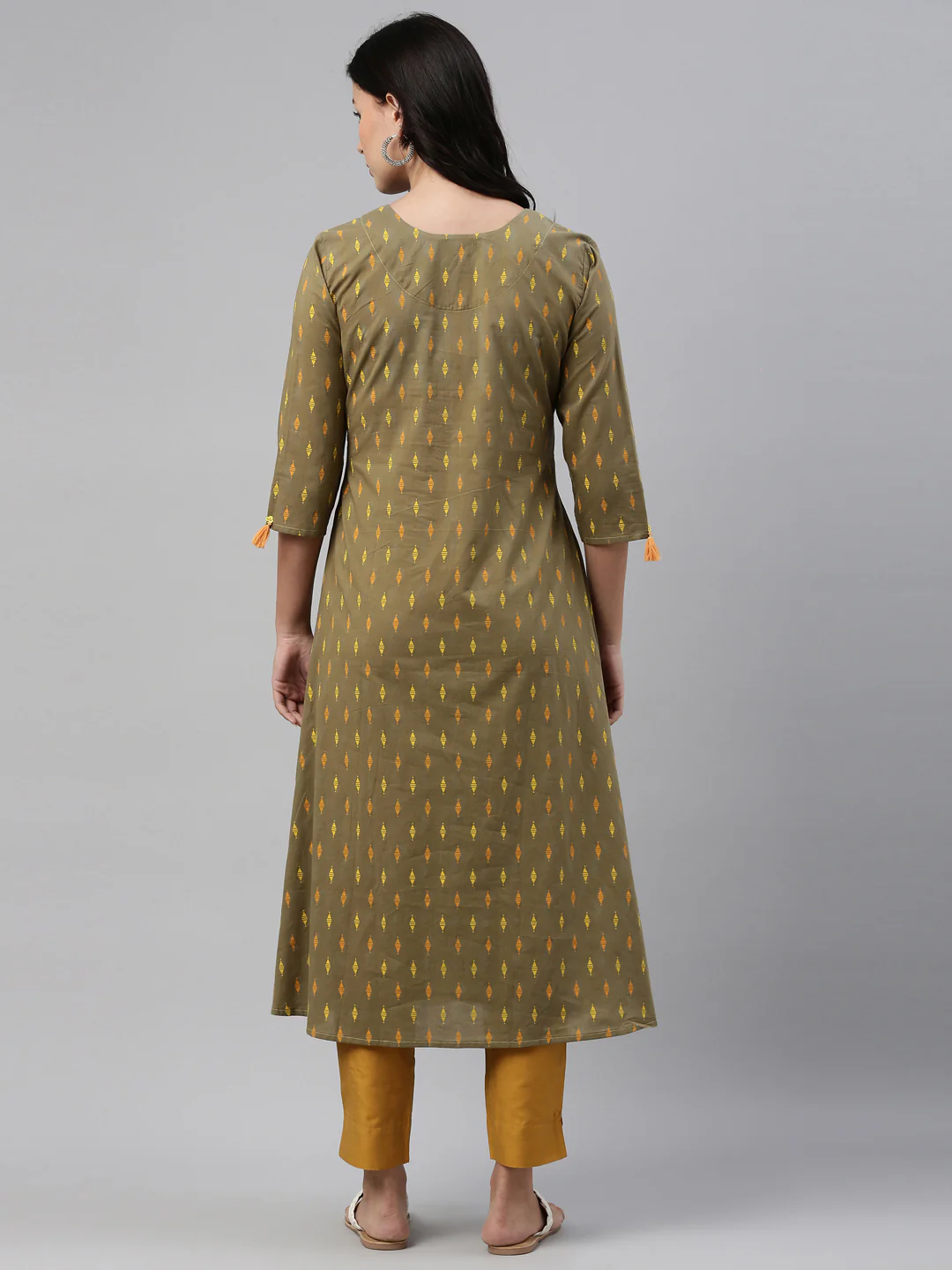 Neerus Olive Color Cotton Print Fabric Tunic - Image 4