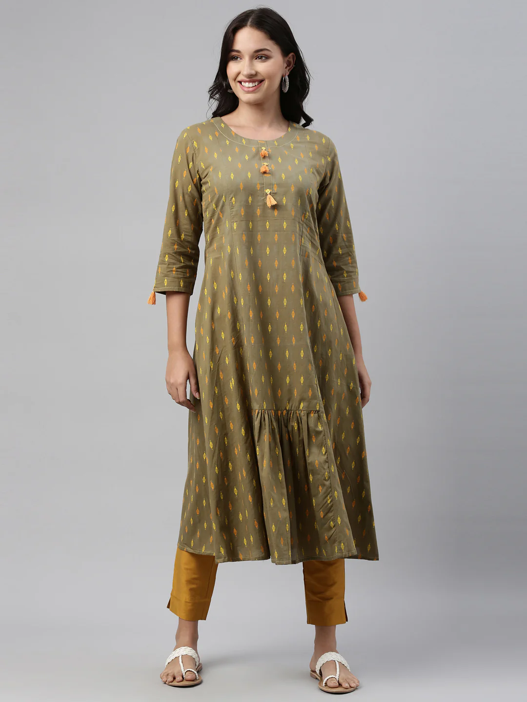 Neerus Olive Color Cotton Print Fabric Tunic - Image 7