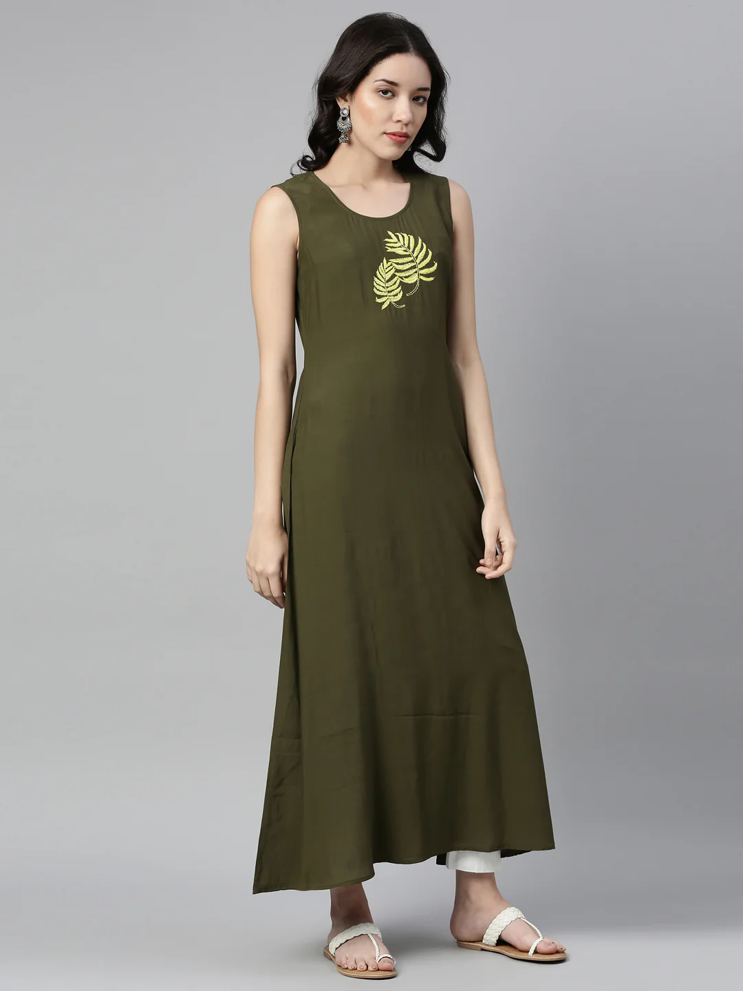Neerus Olive Color Rayon Fabric Kurta