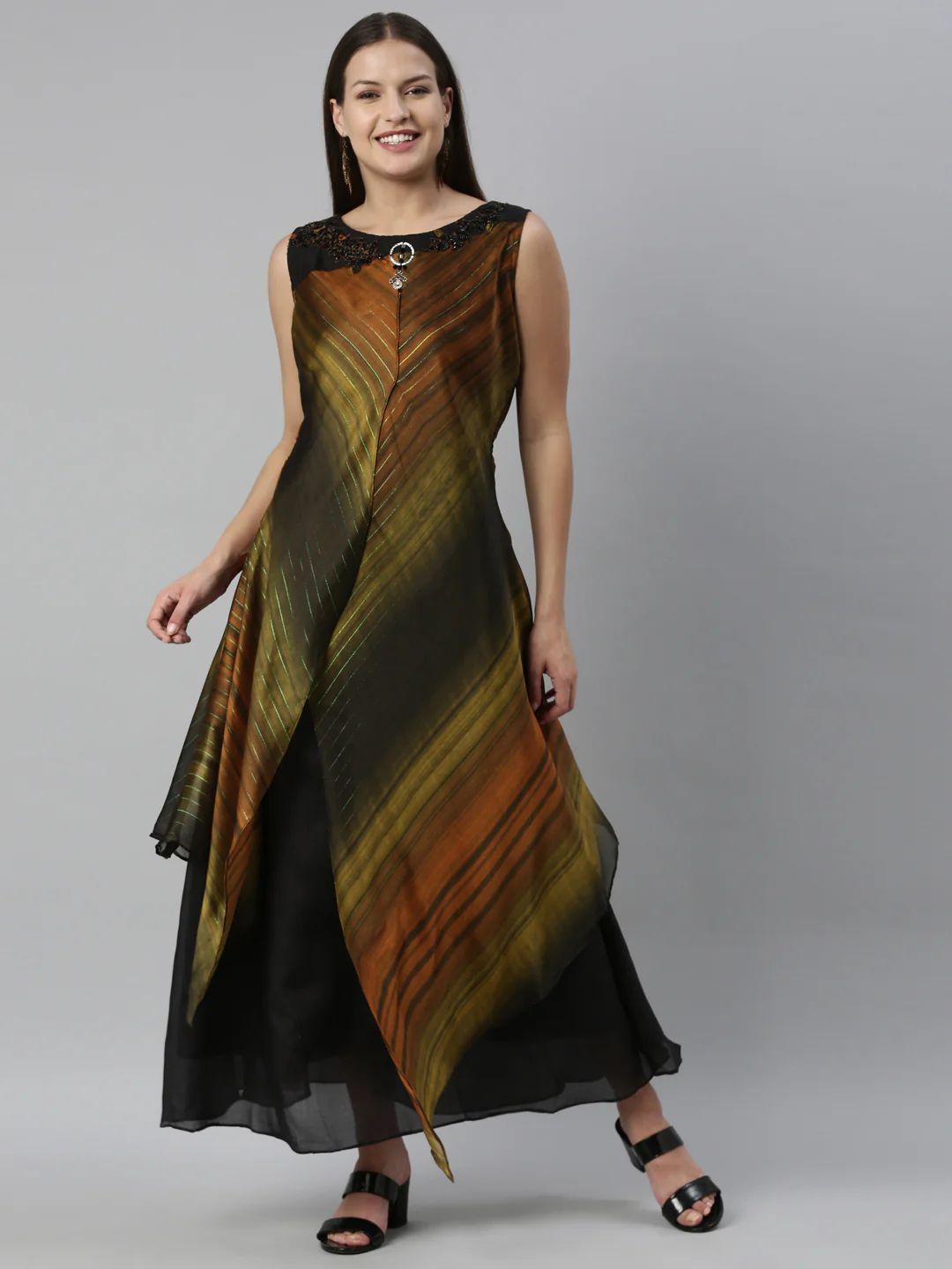 Neerus Olive Color Silk Fabric Kurta