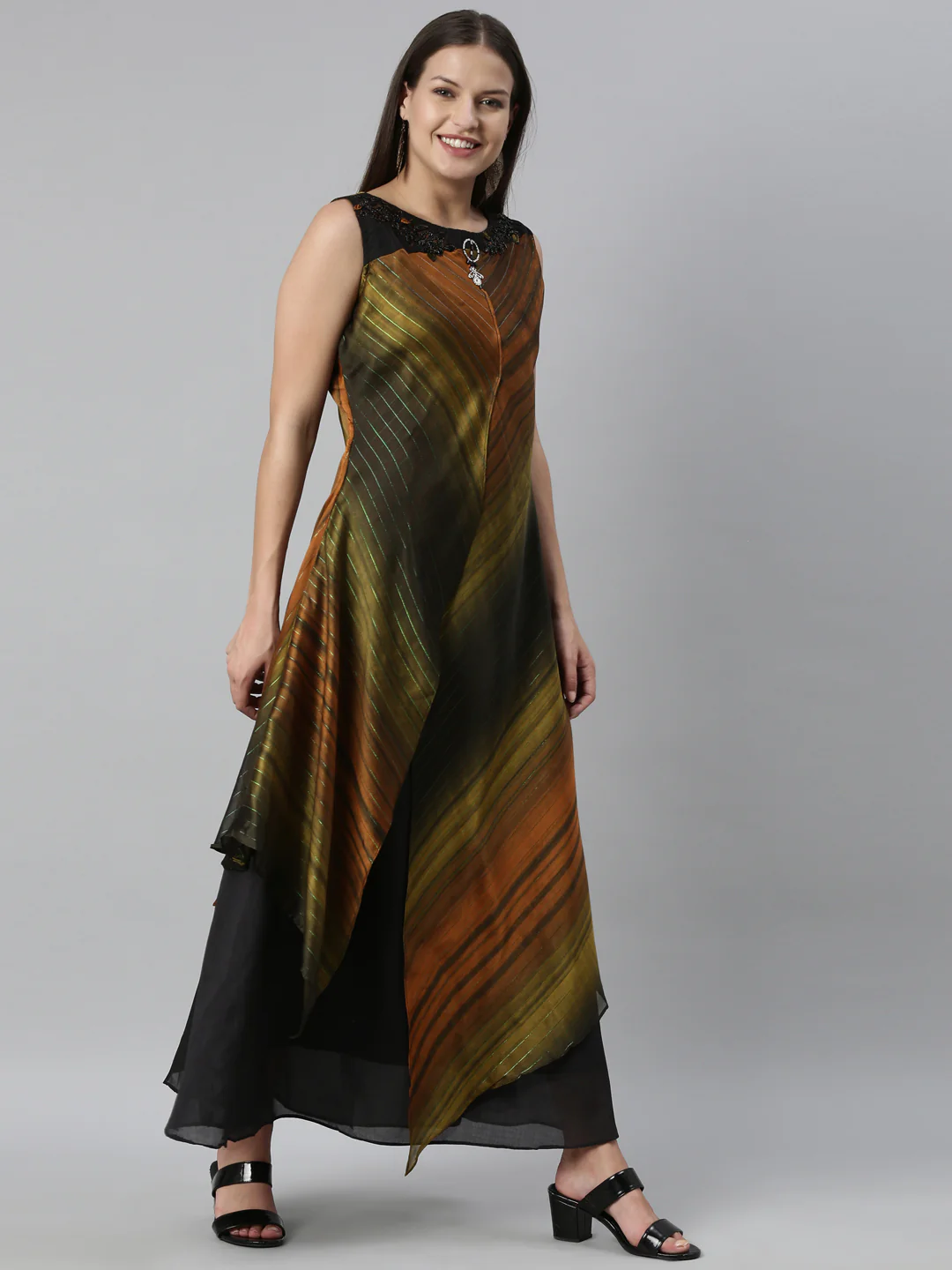 Neerus Olive Color Silk Fabric Kurta - Image 4