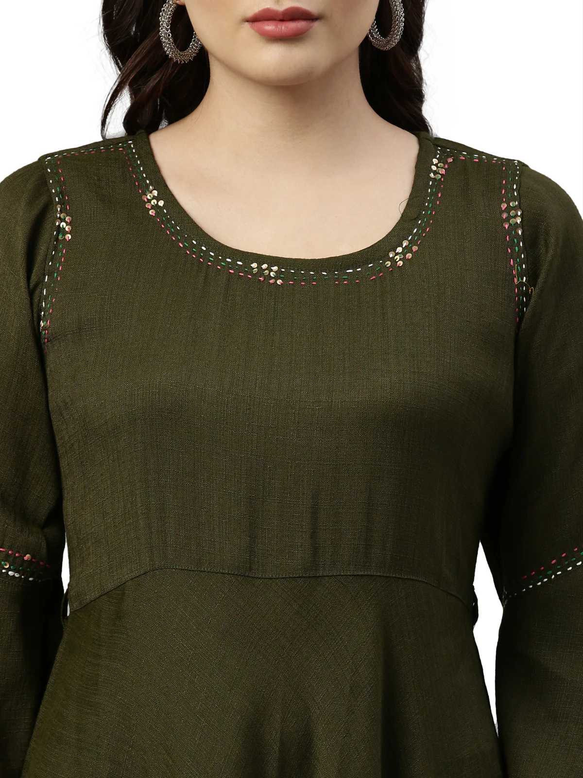 Neerus Olive Color Slub Rayon Fabric Kurta - Image 2