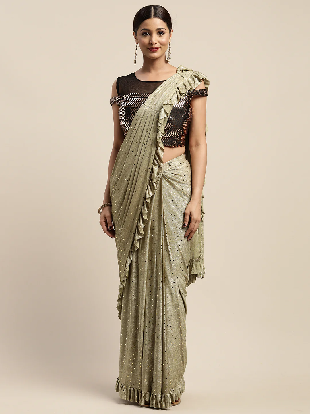 Neerus Olive Color Viscose Rayon Fabric Drape Saree With Stitched Blouse