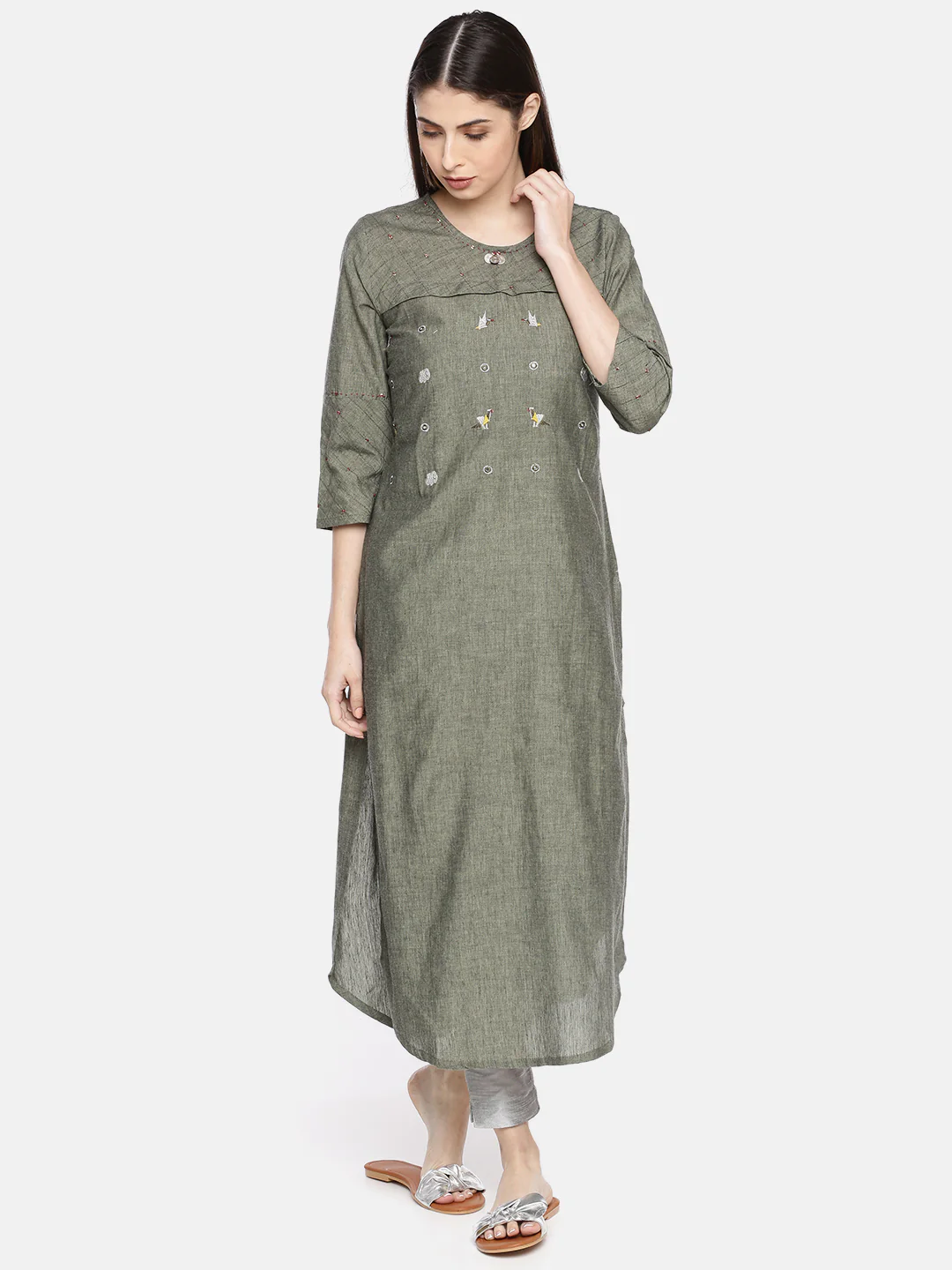 Neerus Olive Embellished Straight Kurta