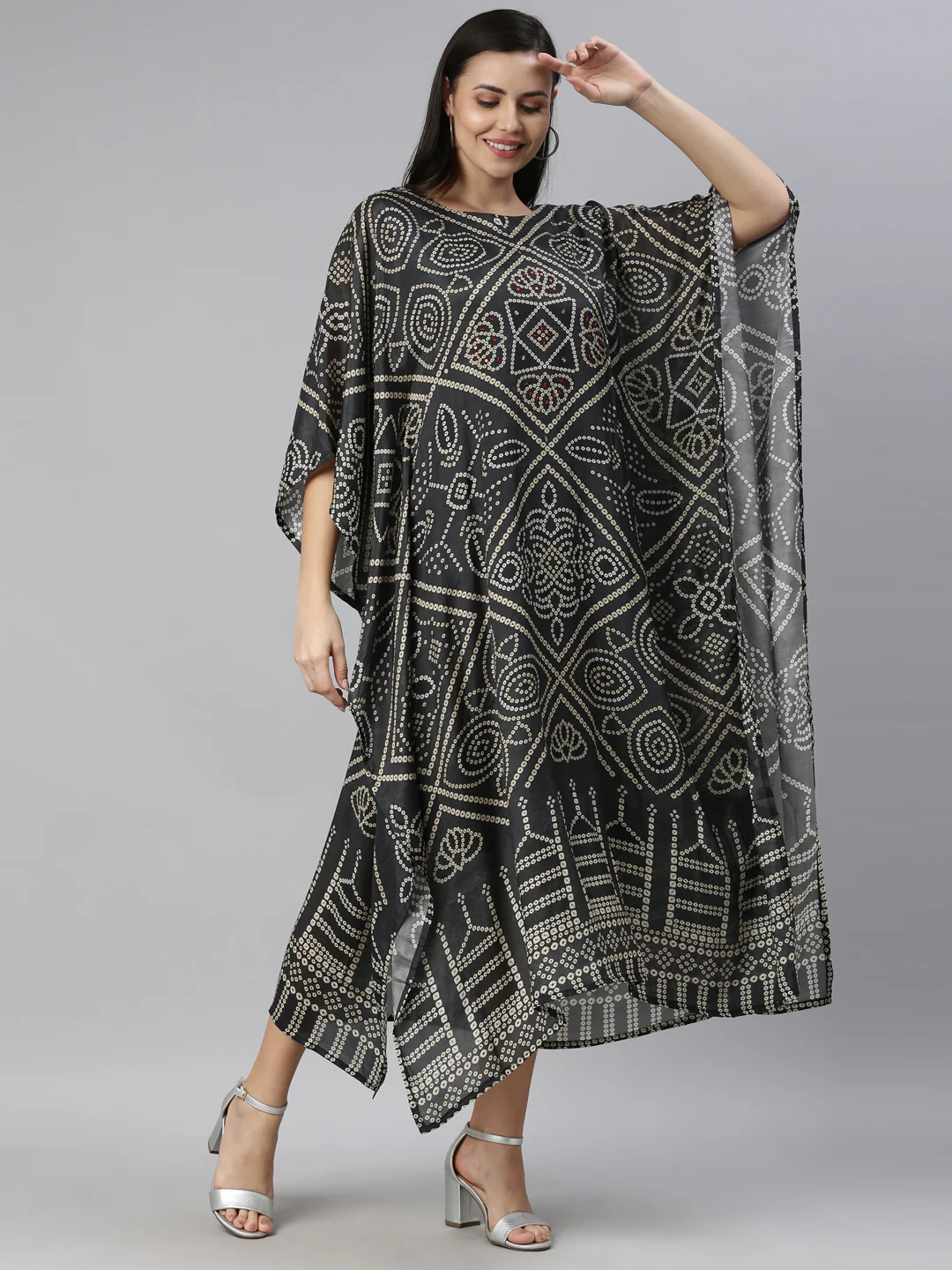 Neerus Olive Green White Kaftan Maxi Dress - Image 2