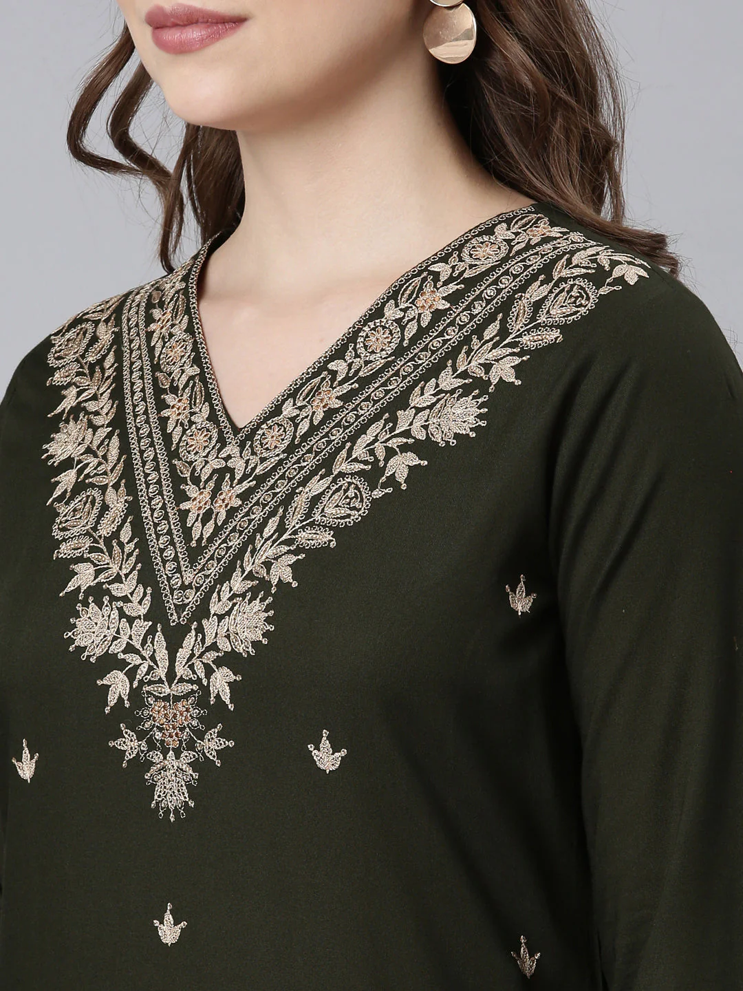 Neerus Olive Panelled Straight Ethnic Motifs Kurta And Churidar With Dupatta - Image 2