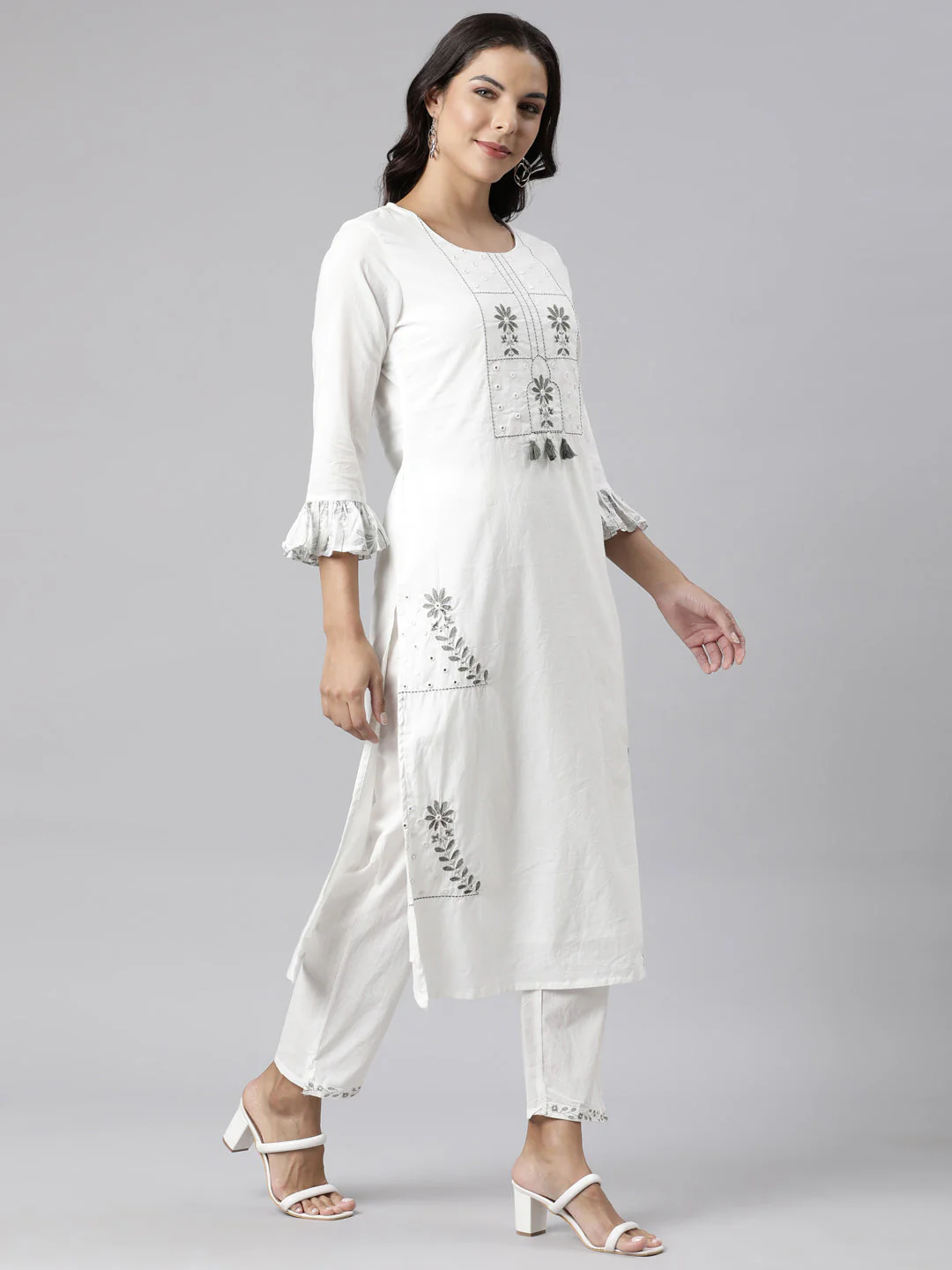 Neerus Olive Panelled Straight Printed Kurta And Trousers With Dupatta - Image 3