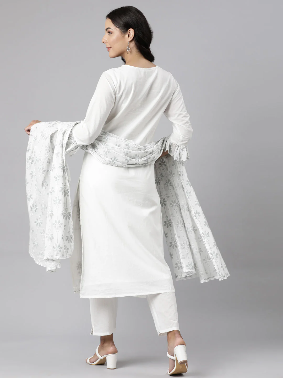 Neerus Olive Panelled Straight Printed Kurta And Trousers With Dupatta - Image 4