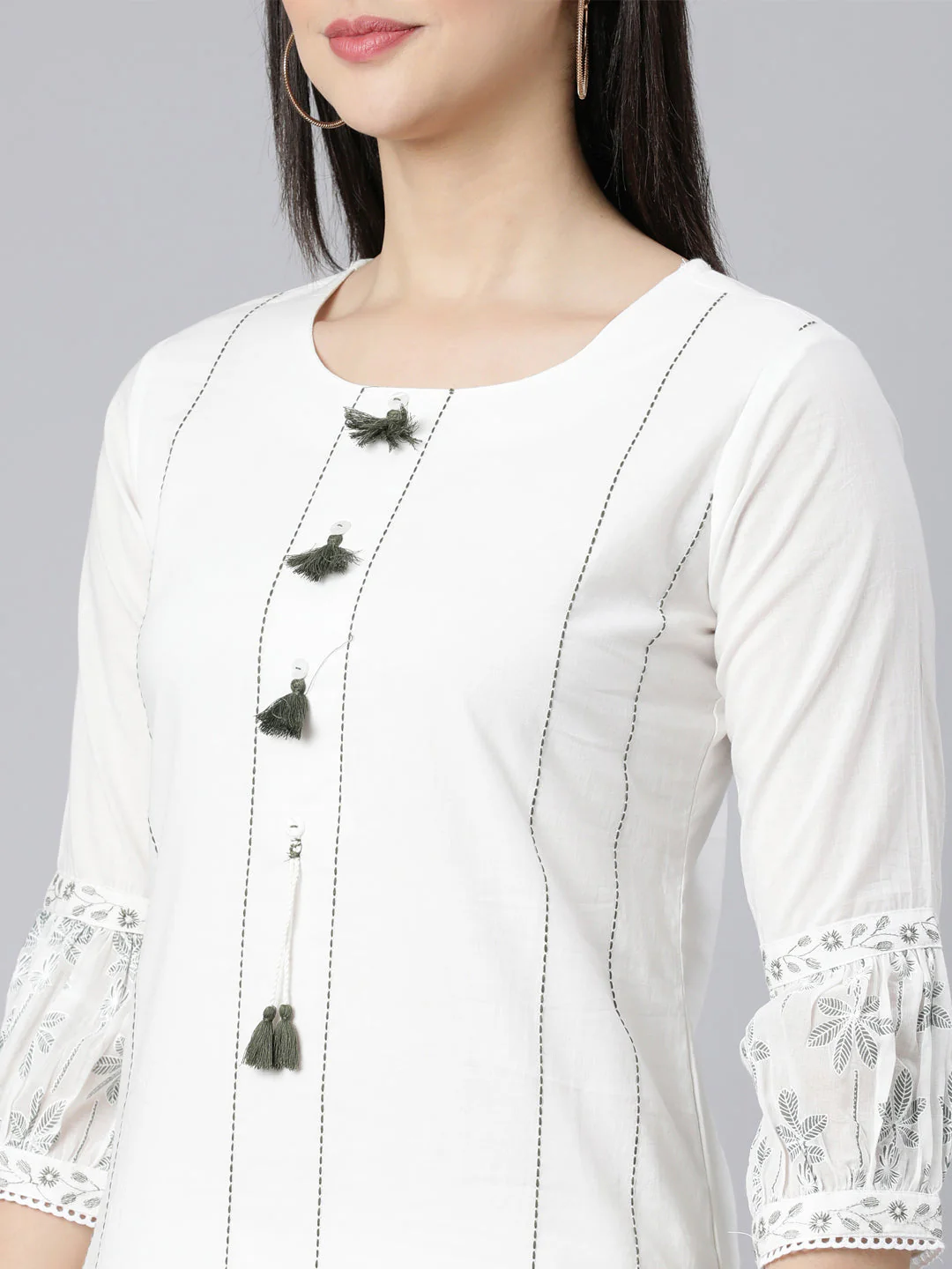 Neerus Olive Panelled Straight Printed Kurta And Trousers With Dupatta - Image 5