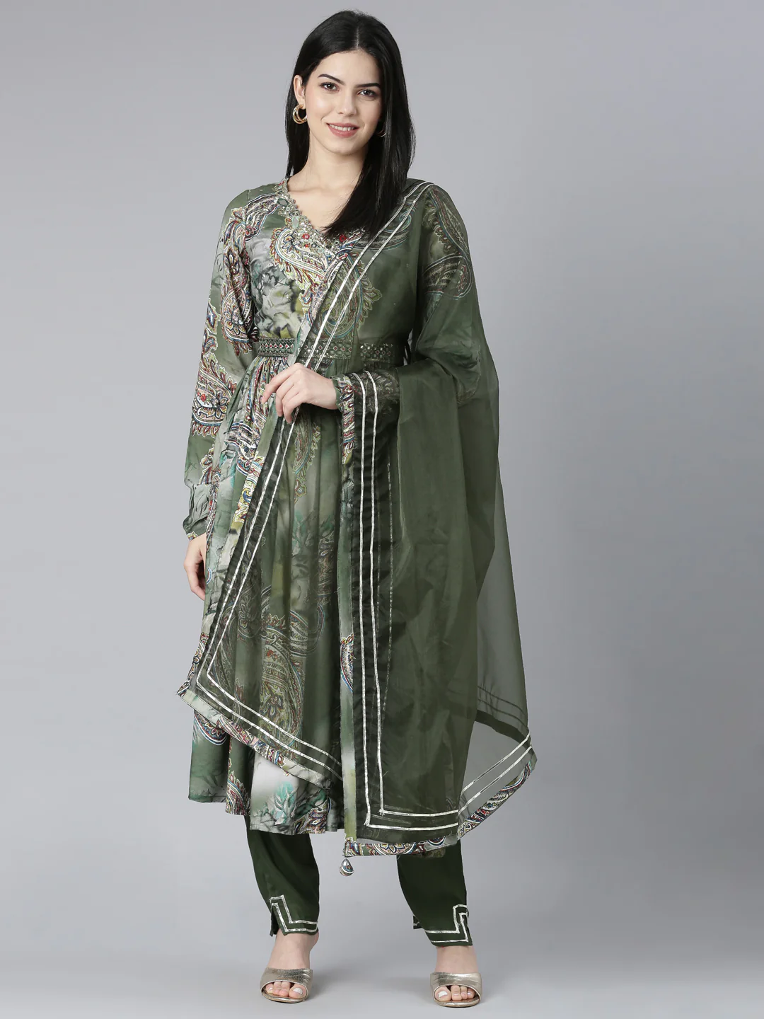 Neerus Olive Pleated Straight Paisley Kurta And Trousers With Dupatta - Image 5