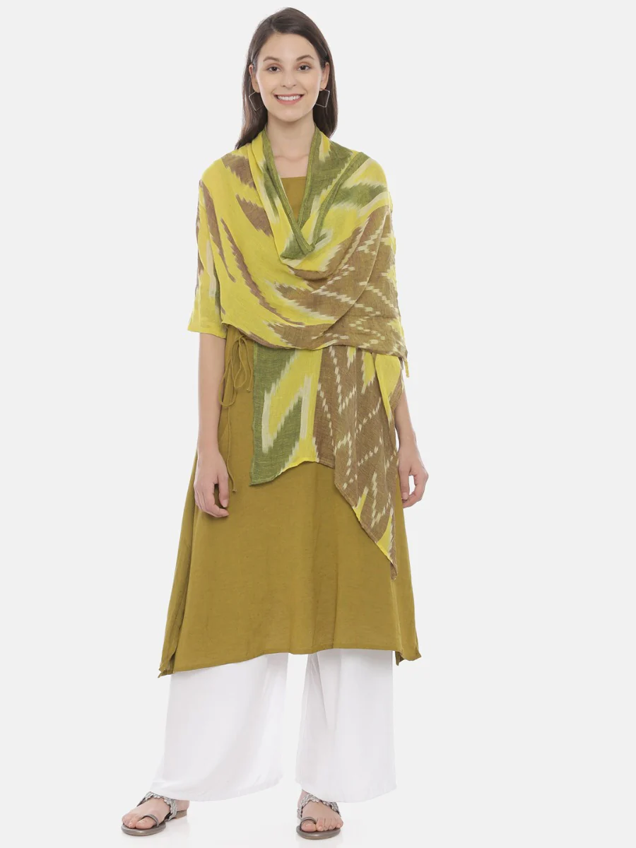 Neerus Olive Printed A Line Kurta With Attached Dupatta