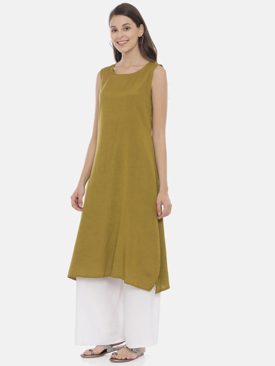 Neerus Olive Printed A Line Kurta With Attached Dupatta - Image 3