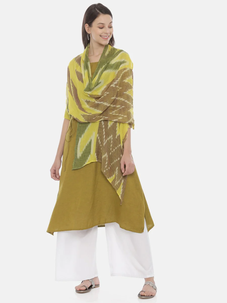 Neerus Olive Printed A Line Kurta With Attached Dupatta - Image 8