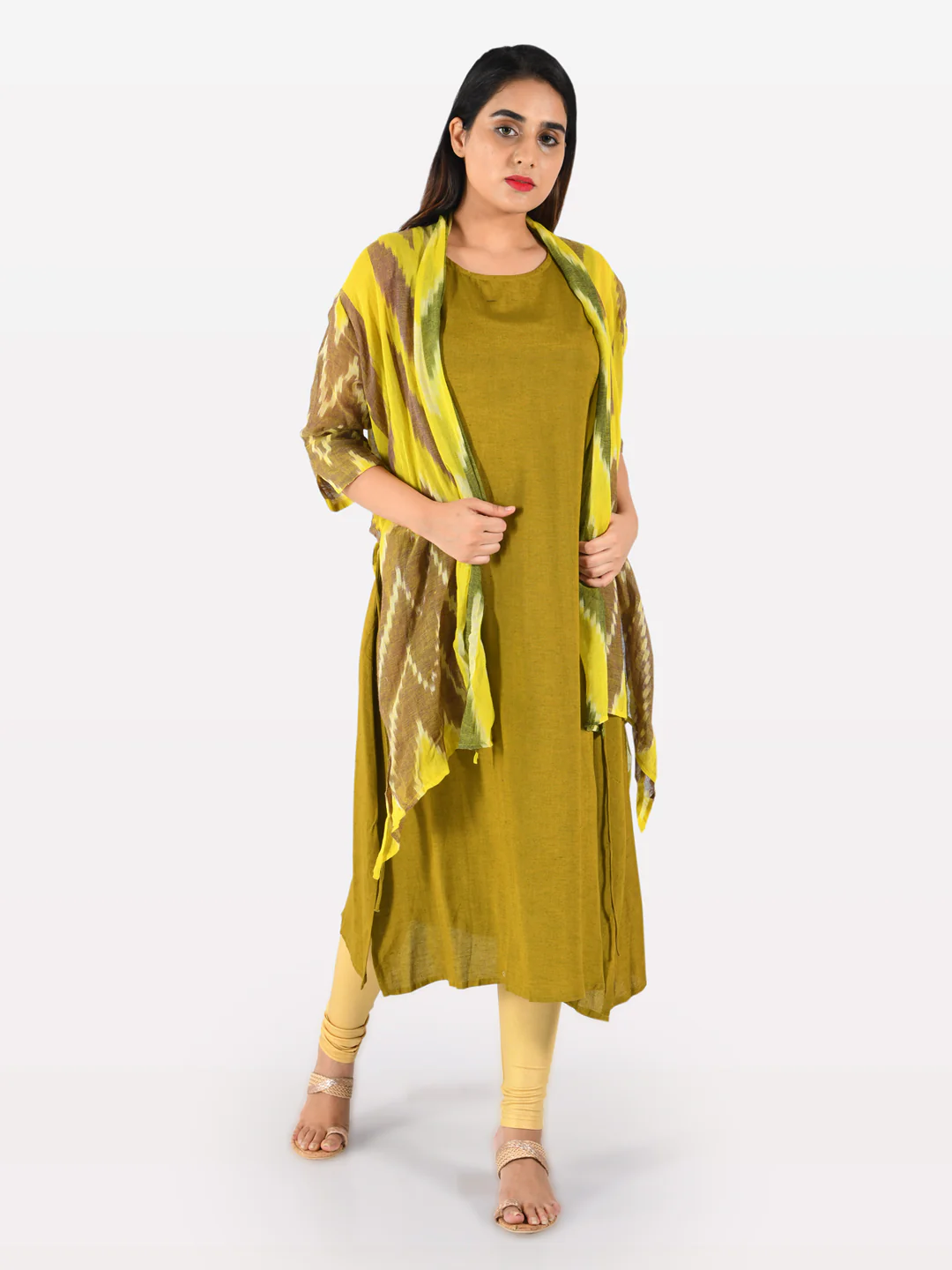 Neerus Olive Printed A Line Kurta With Attached Dupatta - Image 9