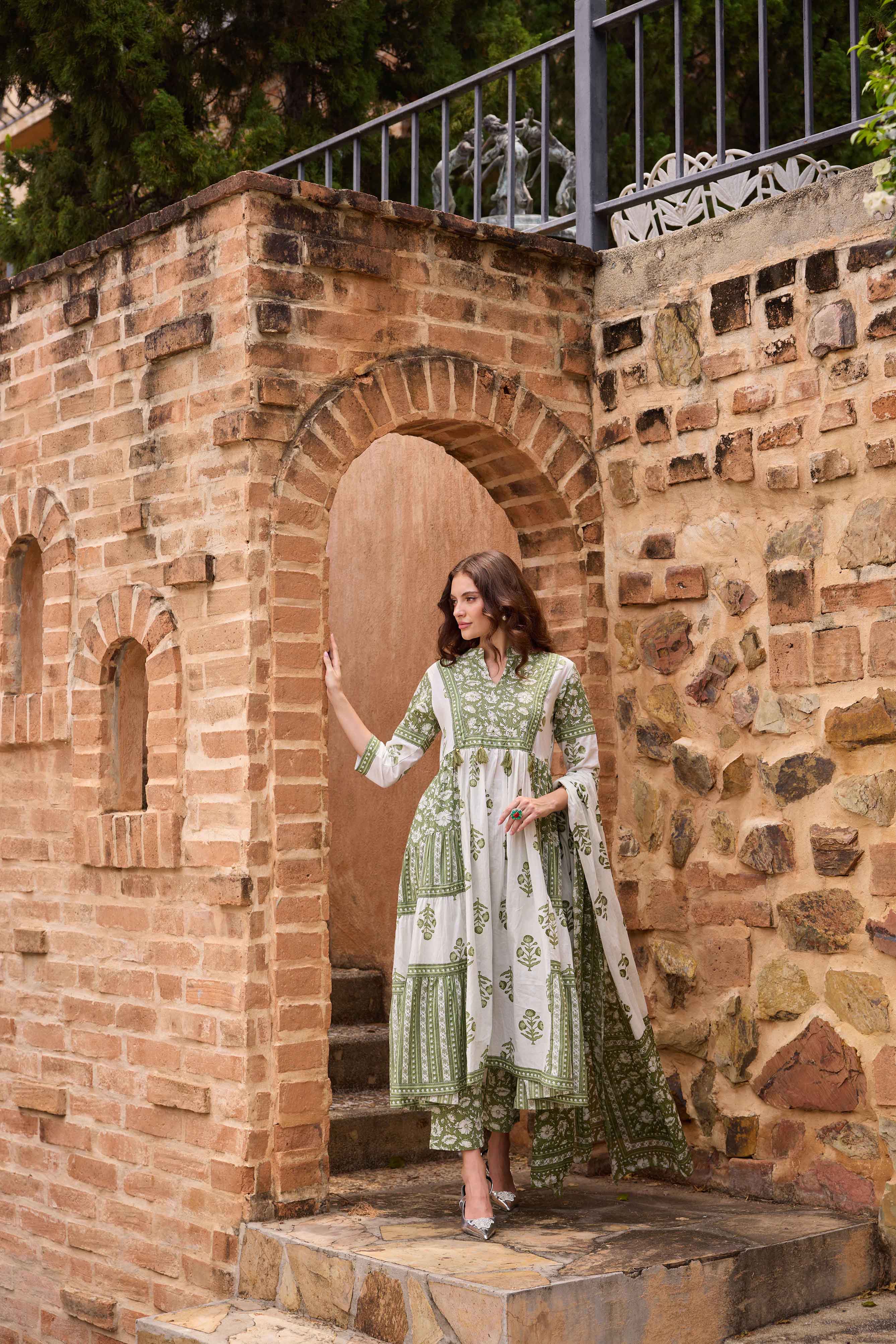 Neerus Olive Printed Anarkali Kurta and Trousers With Dupatta - Image 2