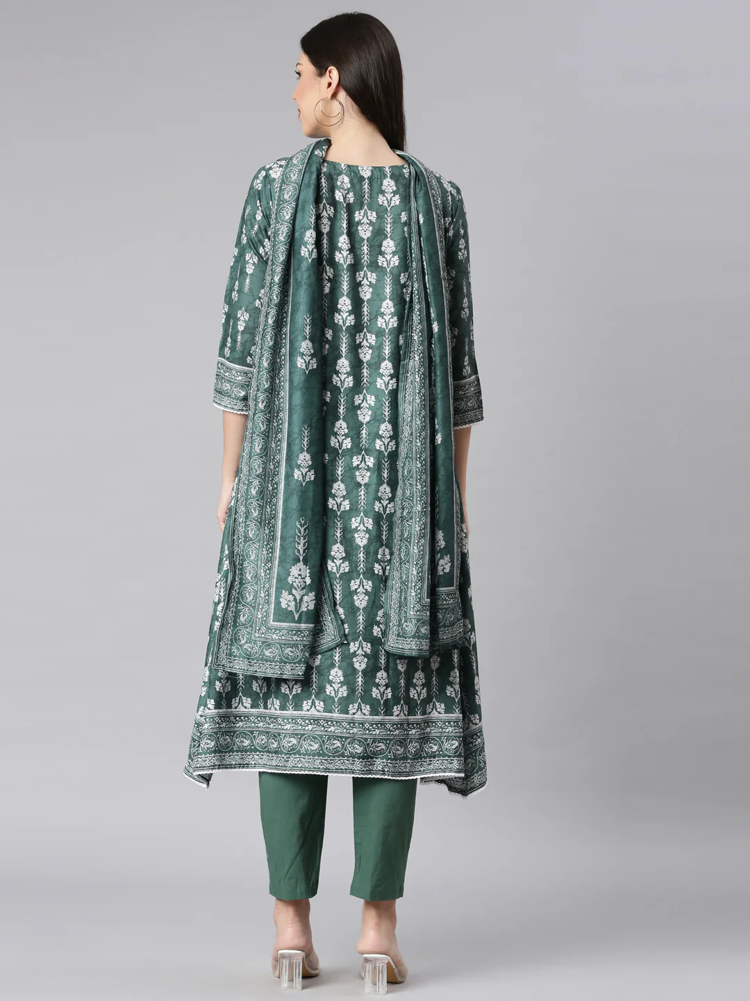 Neerus Olive Printed Kurta and Trousers With Dupatta - Image 3