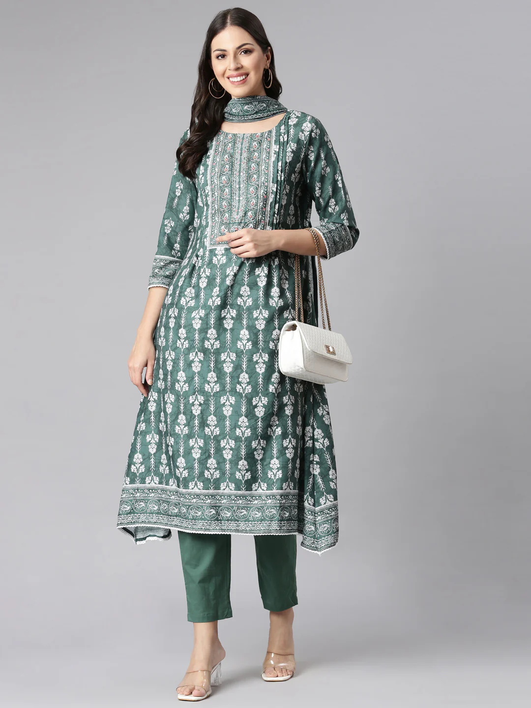 Neerus Olive Printed Kurta and Trousers With Dupatta - Image 5