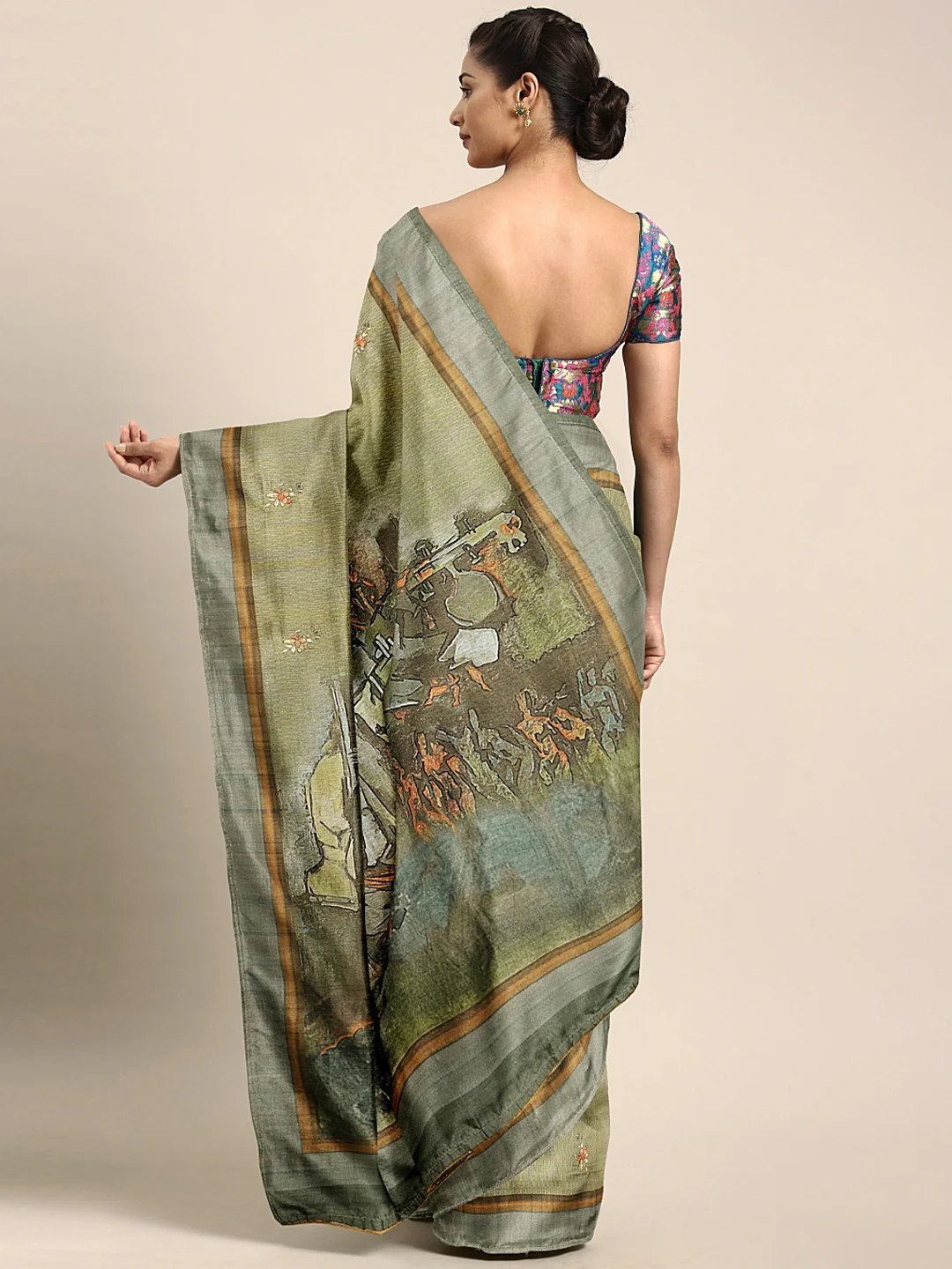 Neerus Olive Printed Saree With Blouse - Image 2