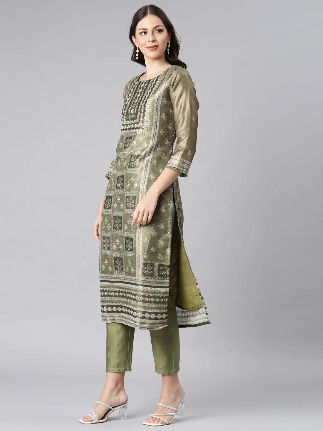 Neerus Olive Printed Straight Kurta and Trousers With Dupatta - Image 2
